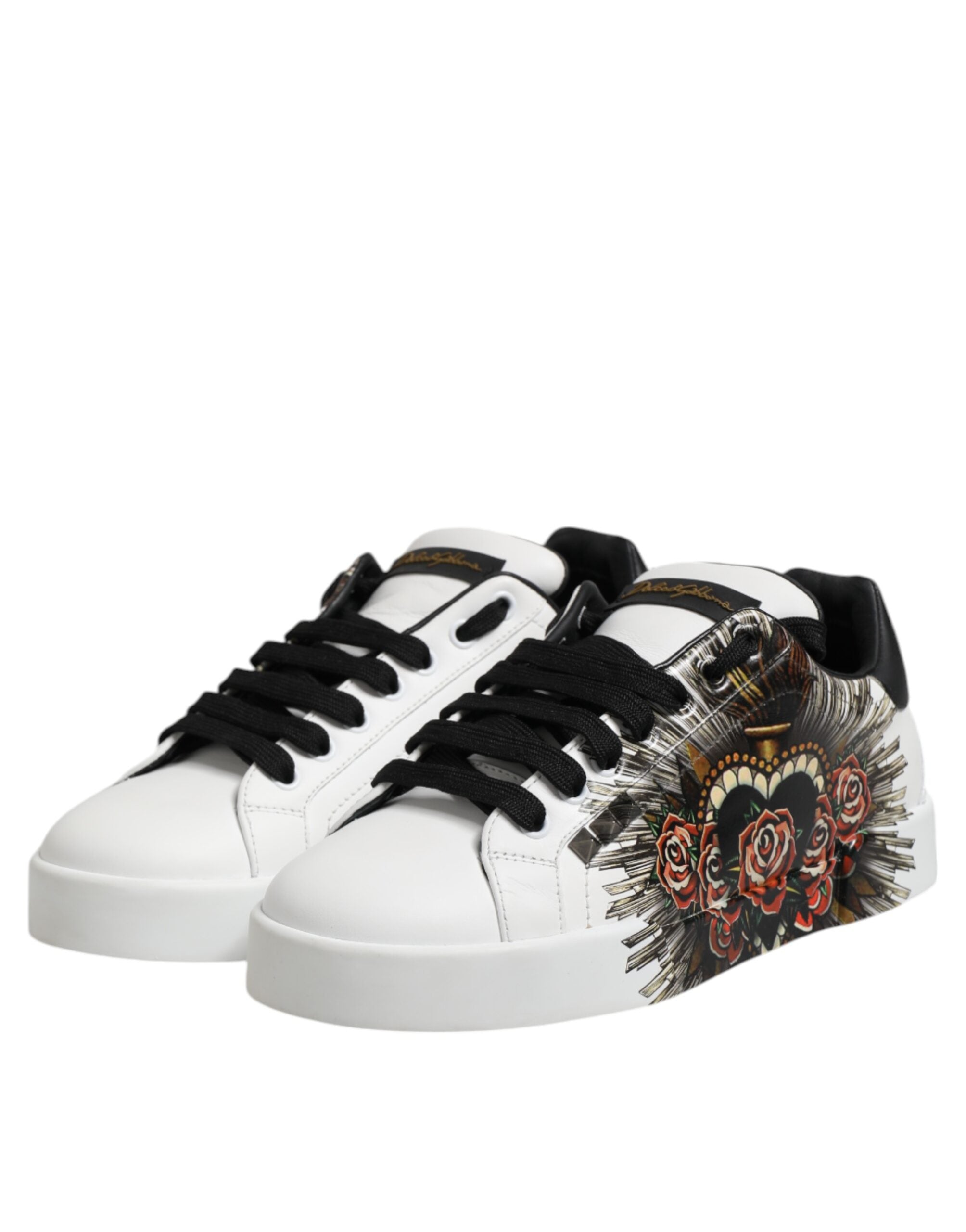 Dolce & Gabbana White Leather Heart Print Sneakers Shoes