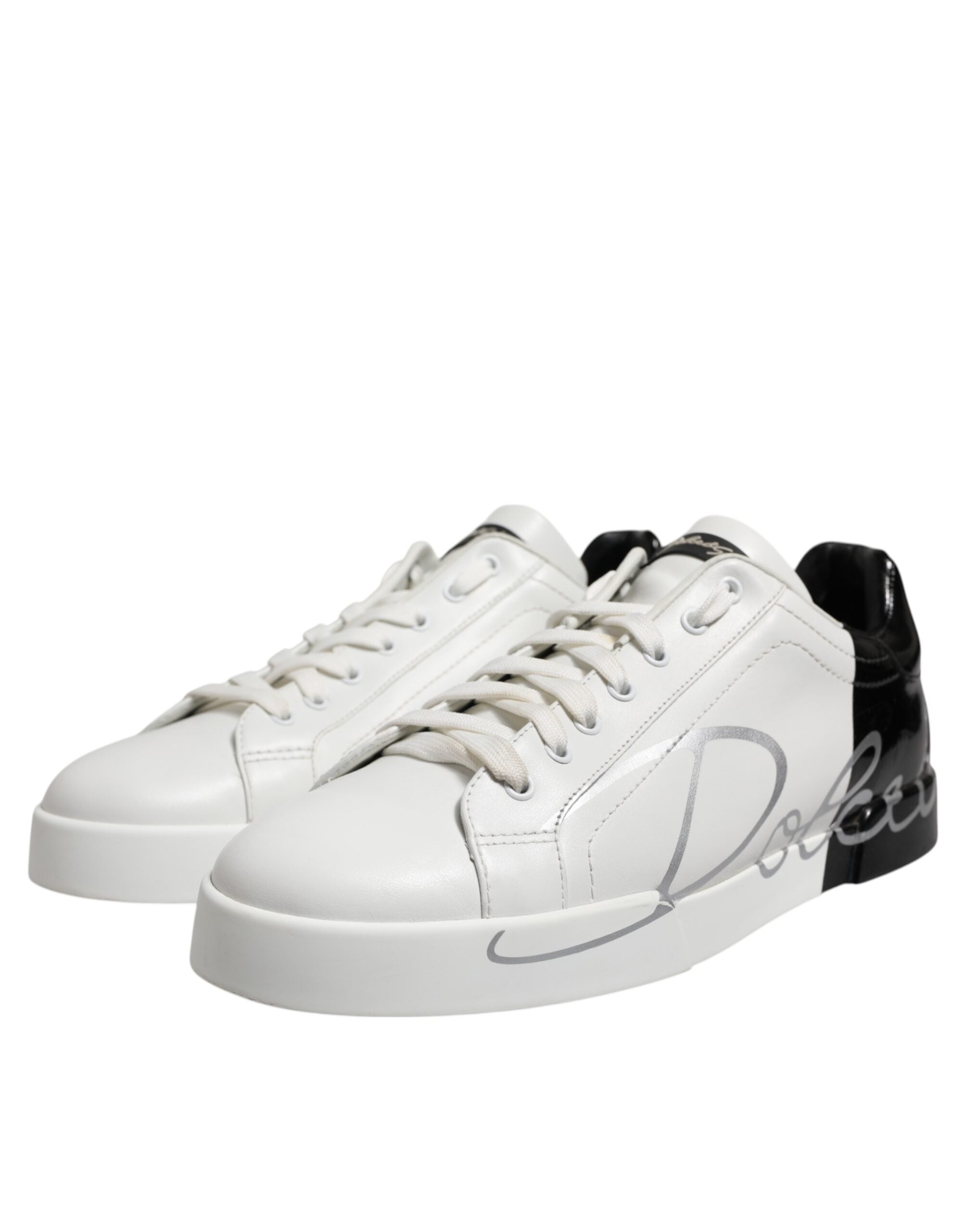 Dolce & Gabbana White Black Logo Low Top Leather Sneakers Shoes