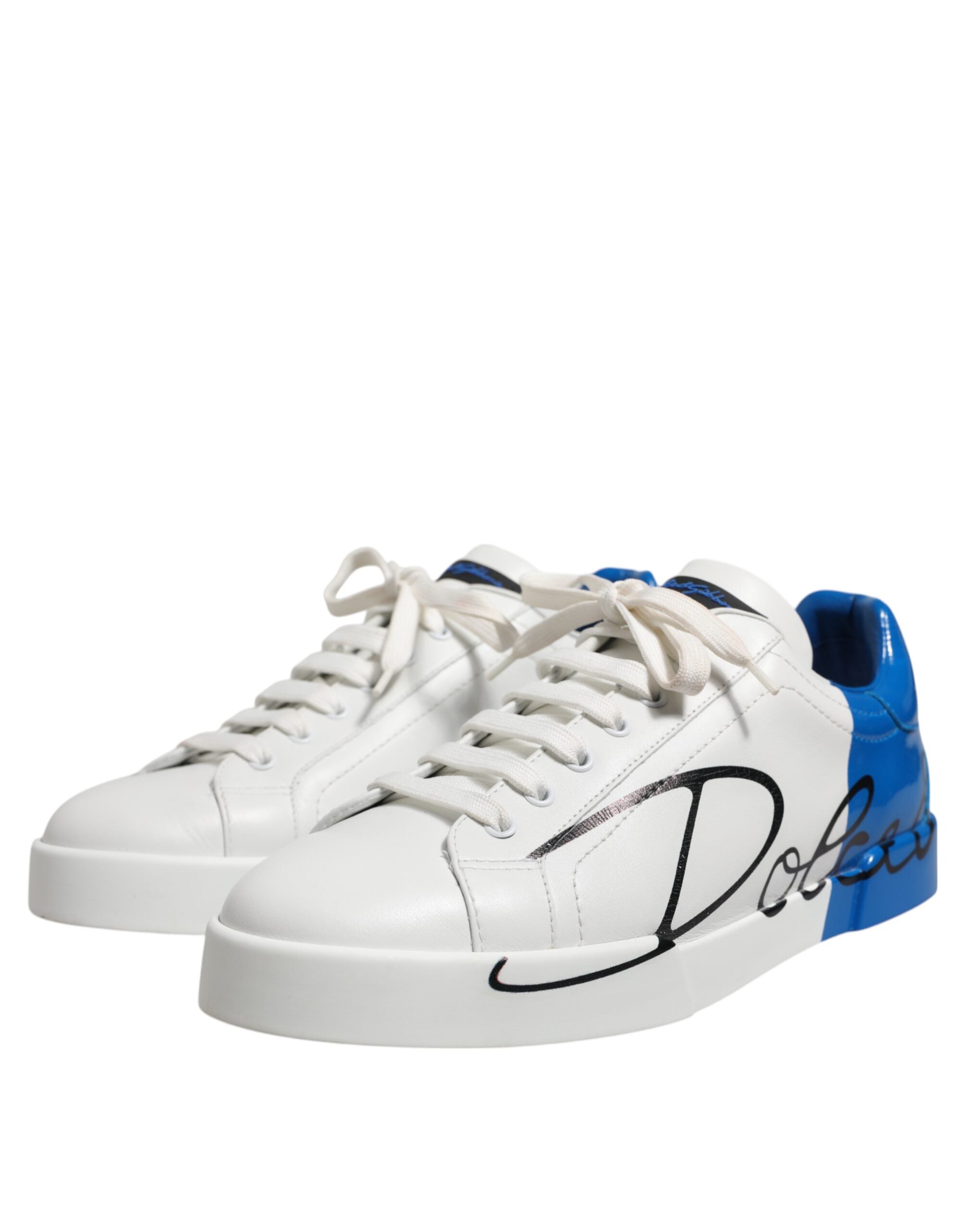 Dolce & Gabbana White Blue Low Top Leather Men Sneakers Shoes