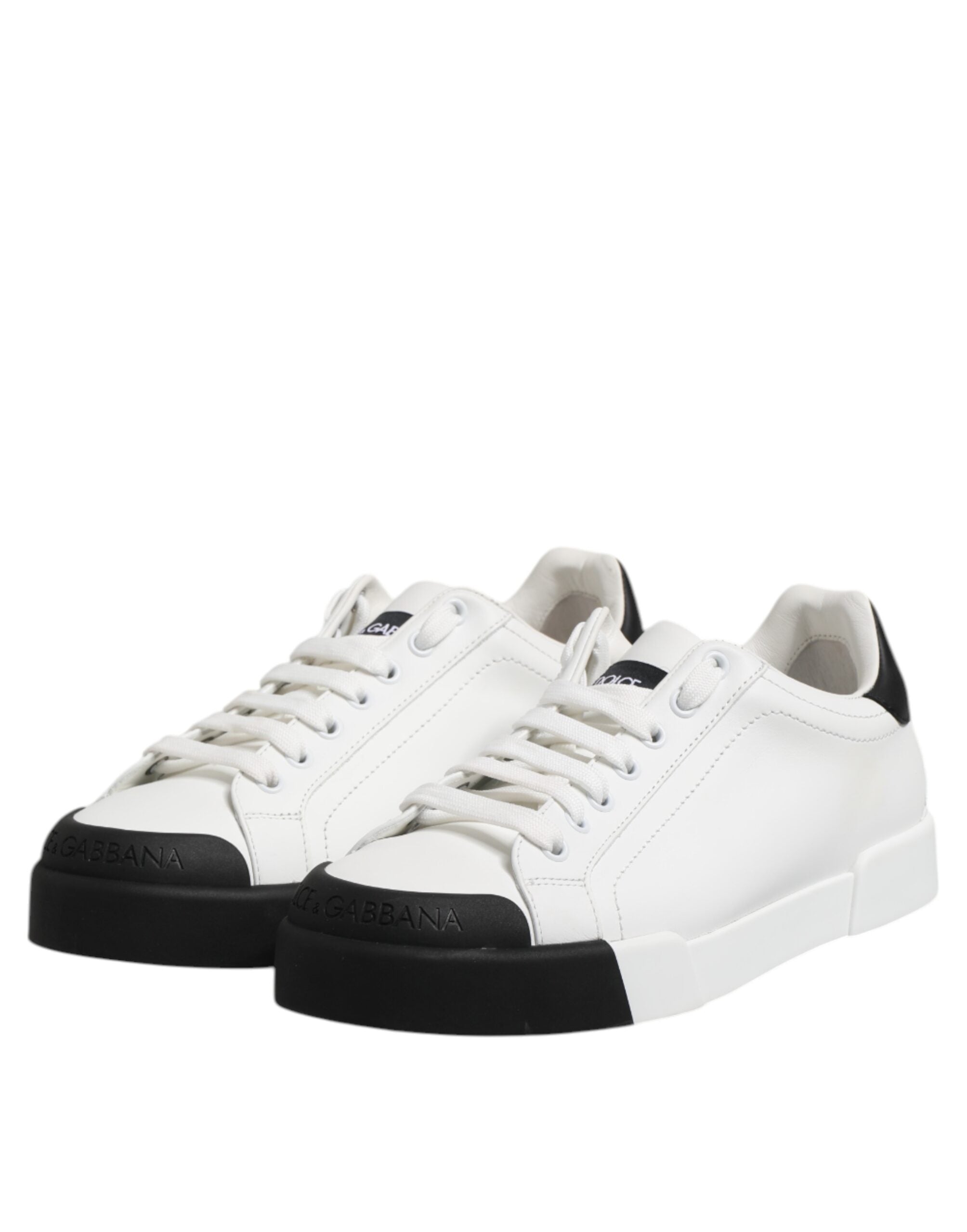 Dolce & Gabbana White Black Logo Leather Lace Up Sneakers Shoes