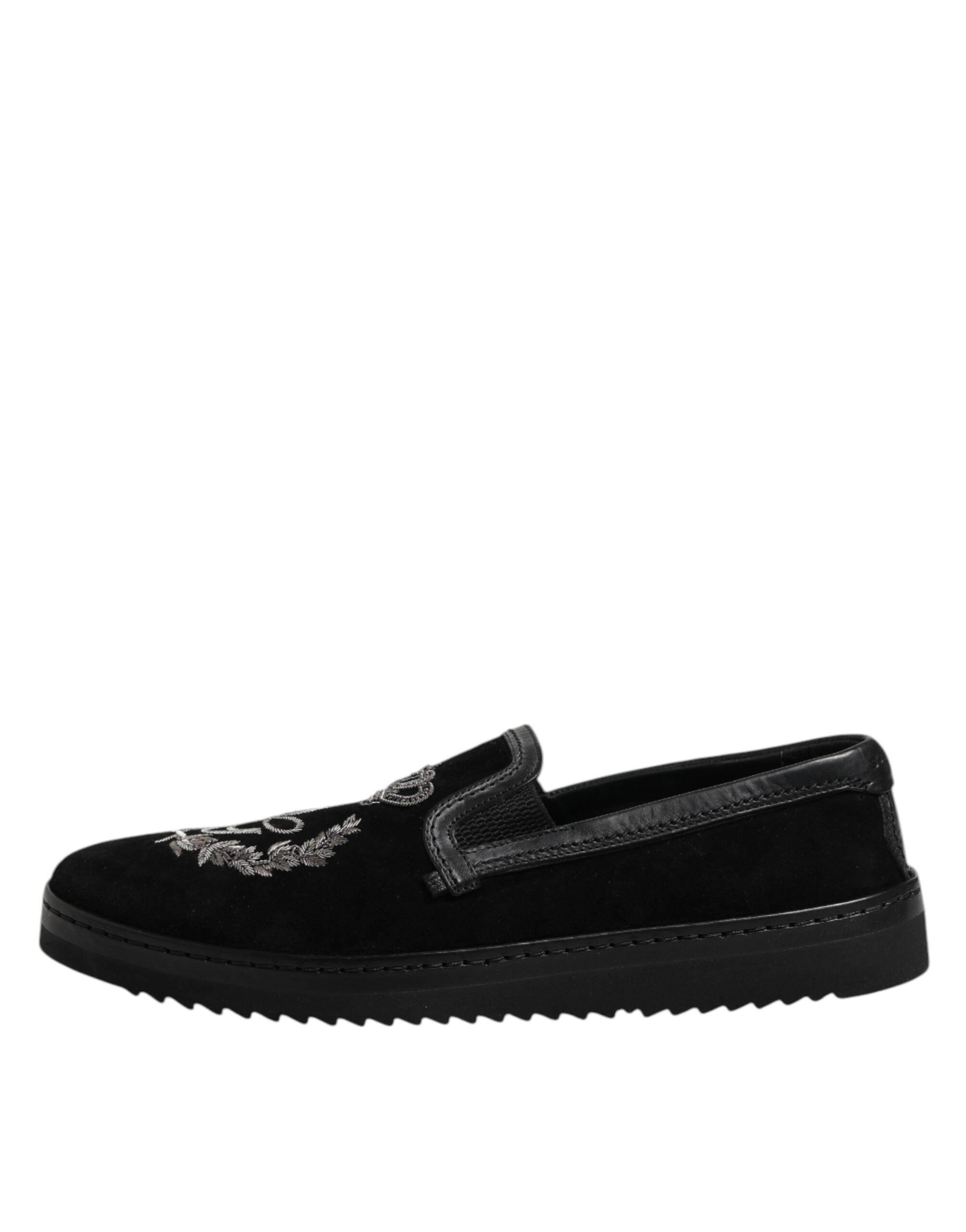 Dolce & Gabbana Black Embroidered Crown Loafers Shoes