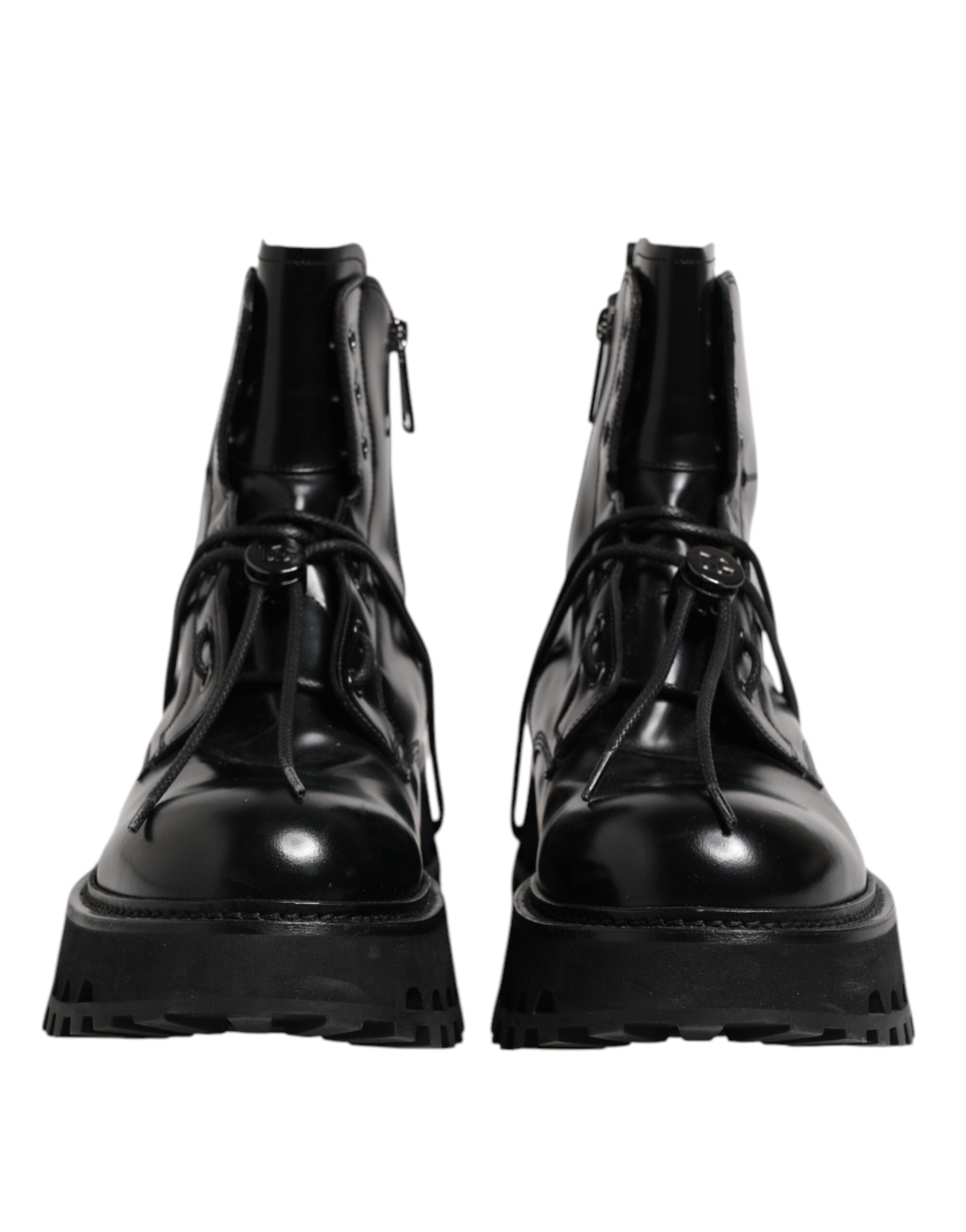Dolce & Gabbana Black Leather Logo Ankle Boots Lace Up Shoes