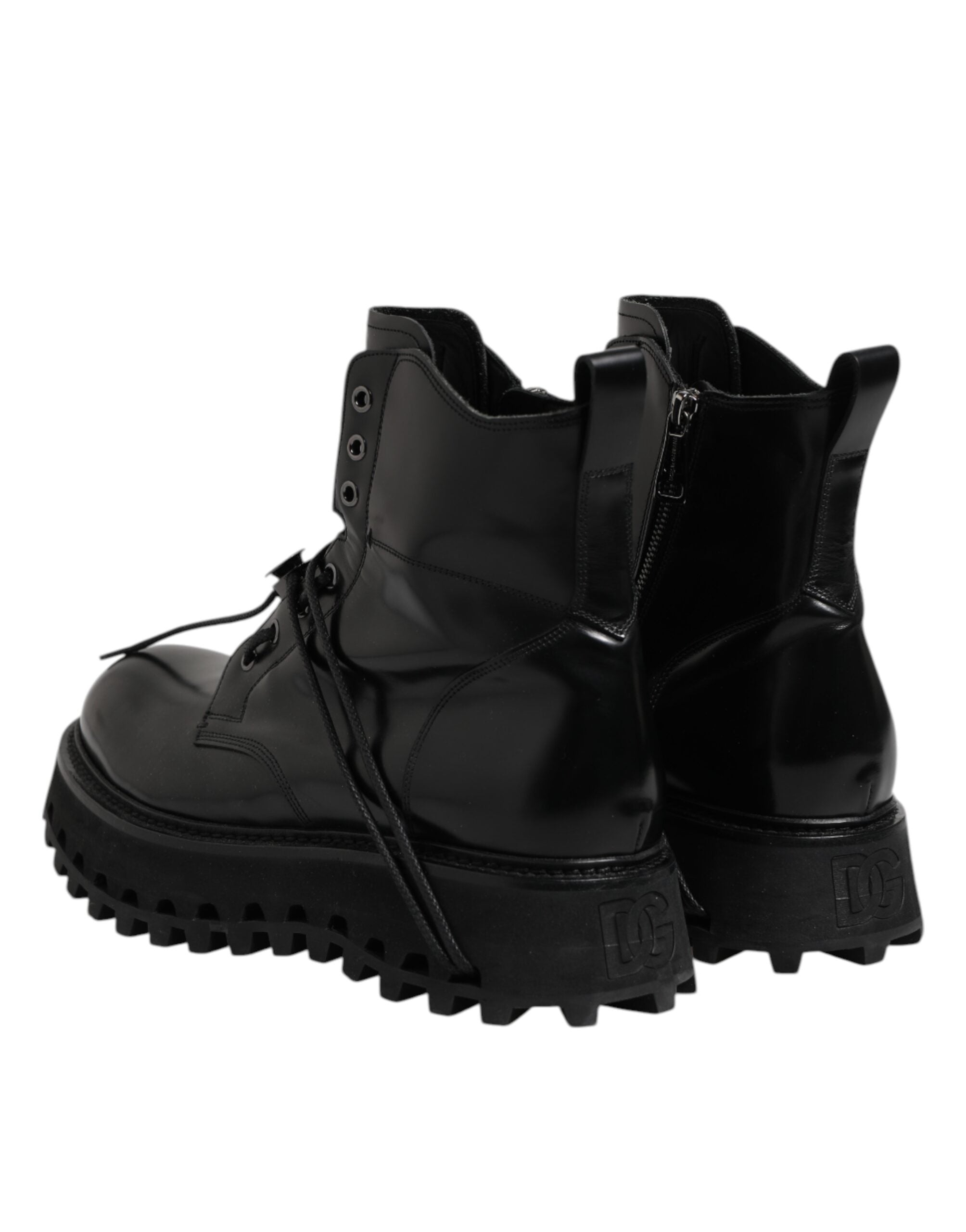 Dolce & Gabbana Black Leather Logo Ankle Boots Lace Up Shoes