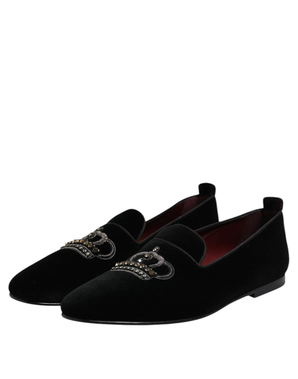 Dolce & Gabbana Black Velvet Crystal Crown Loafers Dress Shoes