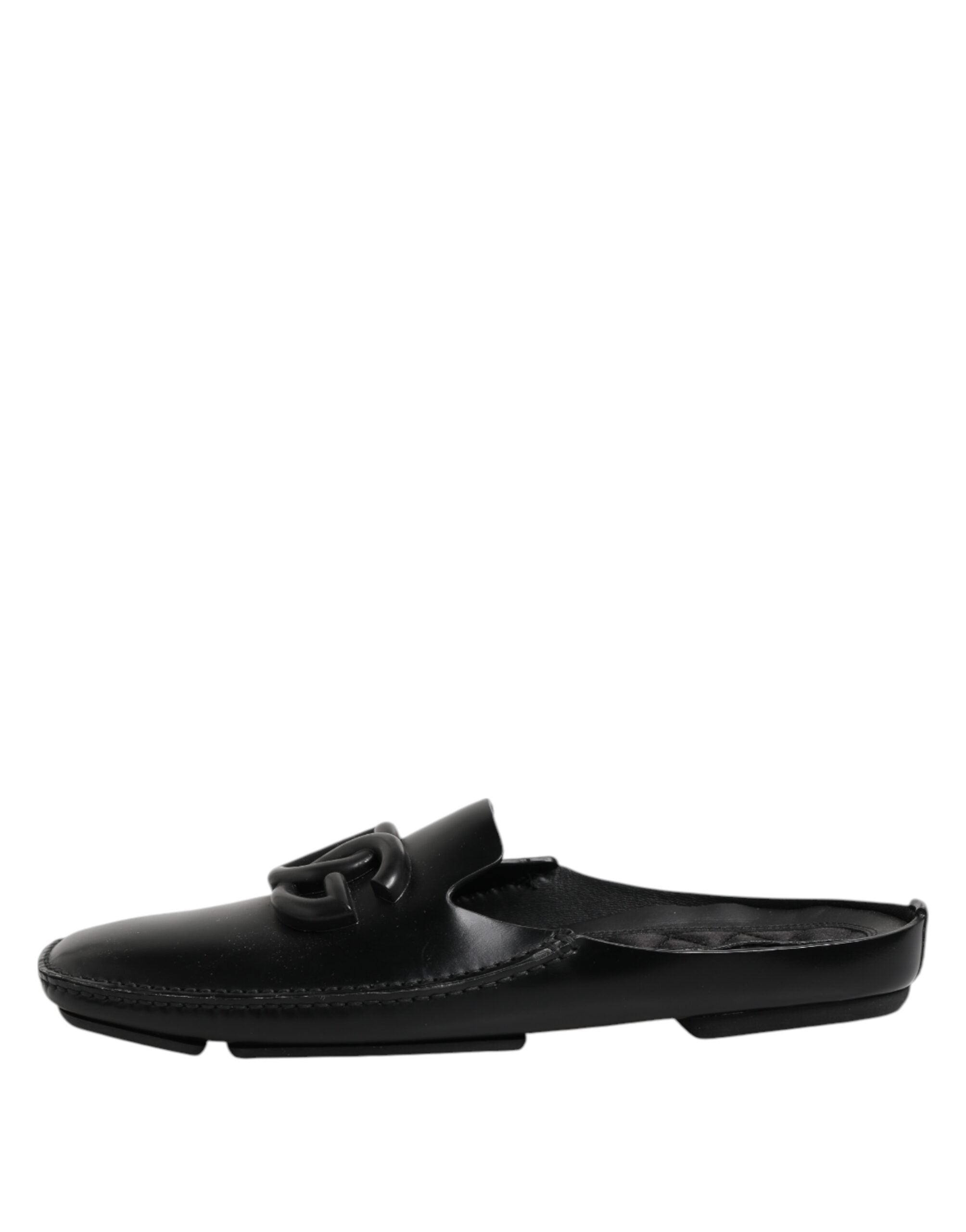 Dolce & Gabbana Black Logo Leather Men Slip On Sandals Shoes