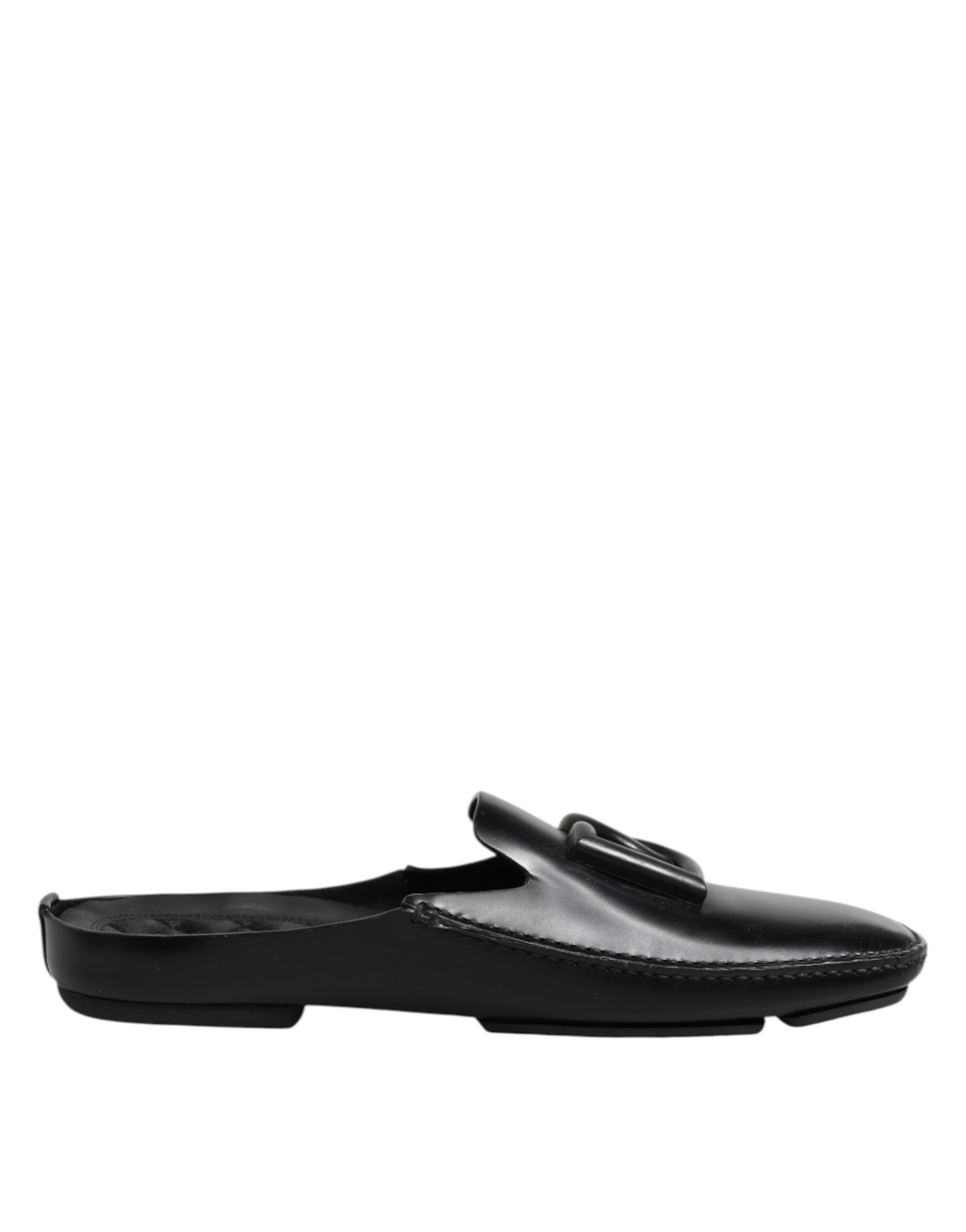 Dolce & Gabbana Black Logo Leather Men Slip On Sandals Shoes