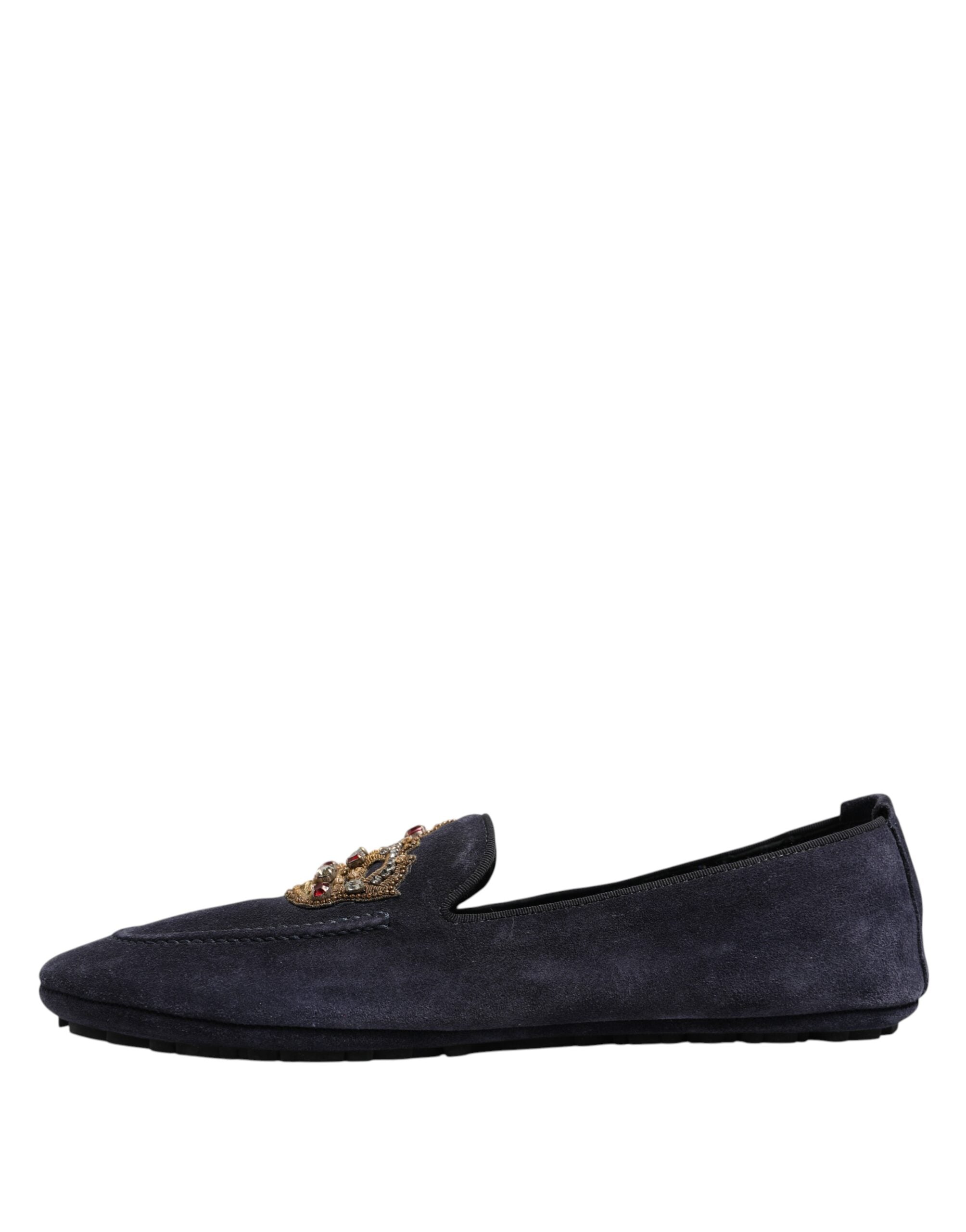 Dolce & Gabbana Blue Suede Crown Crystal Loafers Dress Shoes