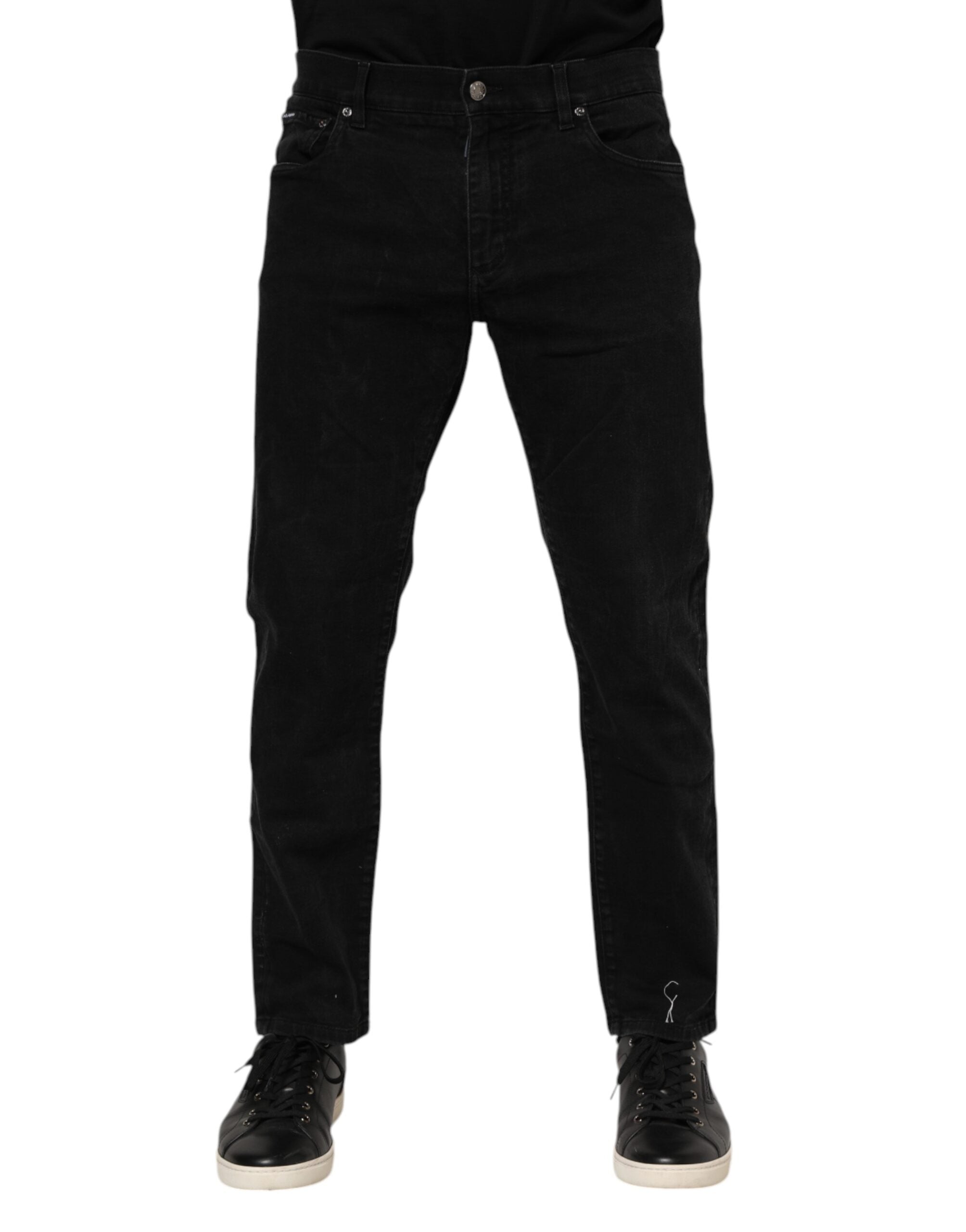 Dolce & Gabbana Black Cotton Logo Plaque Slim Fit Denim Jeans
