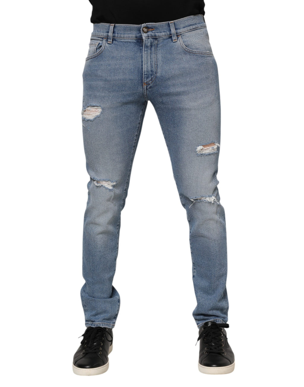 Dolce & Gabbana Dark Blue Cotton Logo Plaque Slim Denim Jeans