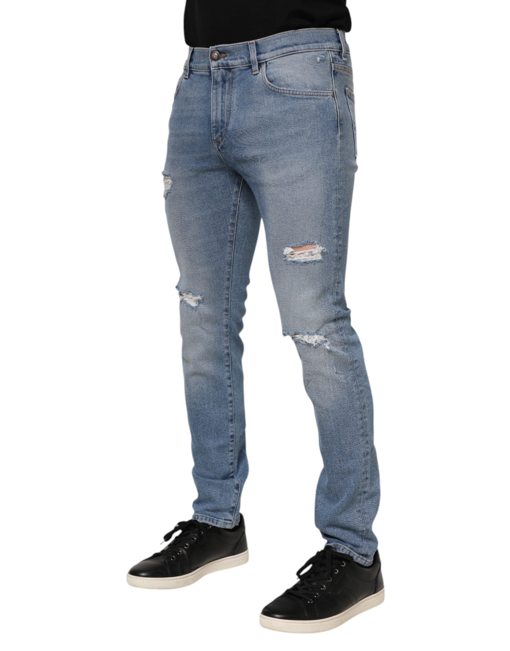 Dolce & Gabbana Dark Blue Cotton Logo Plaque Slim Denim Jeans