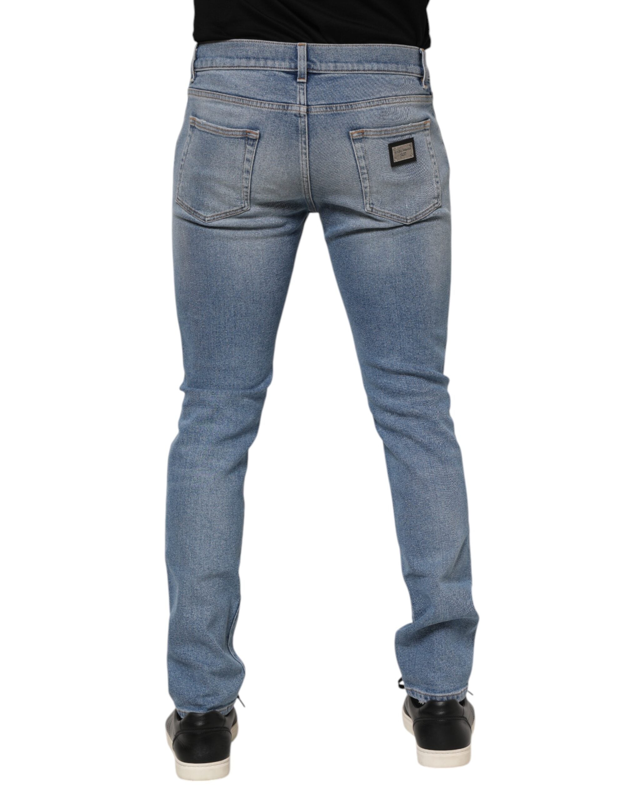 Dolce & Gabbana Dark Blue Cotton Logo Plaque Slim Denim Jeans