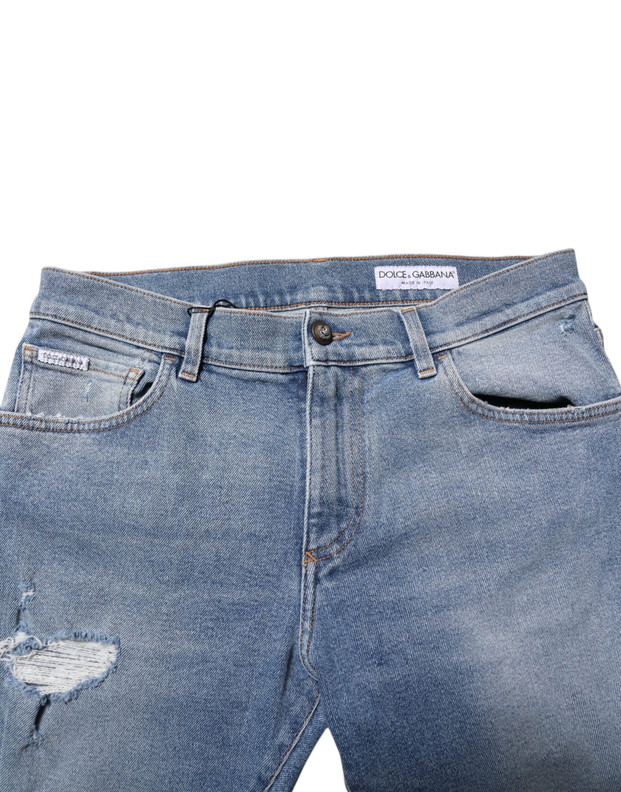 Dolce & Gabbana Dark Blue Cotton Logo Plaque Slim Denim Jeans