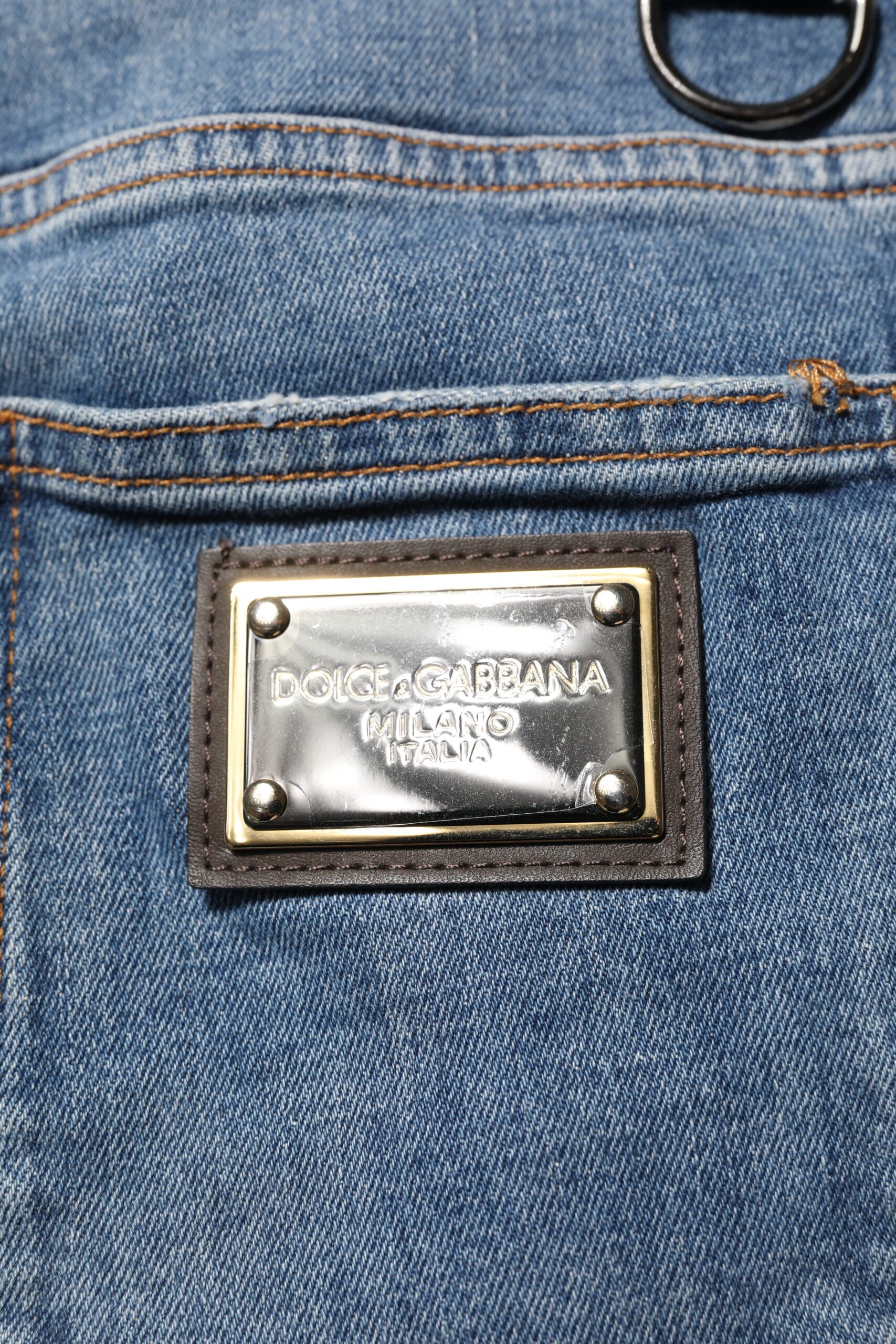 Dolce & Gabbana Blue Cotton Tattered Skinny Logo Denim Jeans