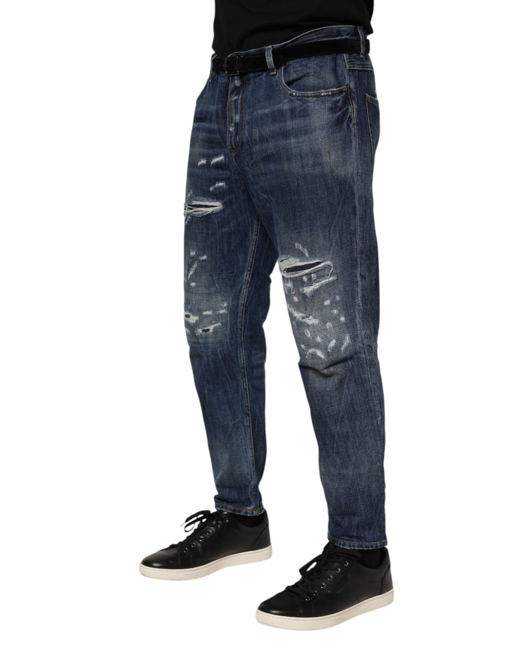 Dolce & Gabbana Blue Cotton Tattered Tapered Men Denim Jeans