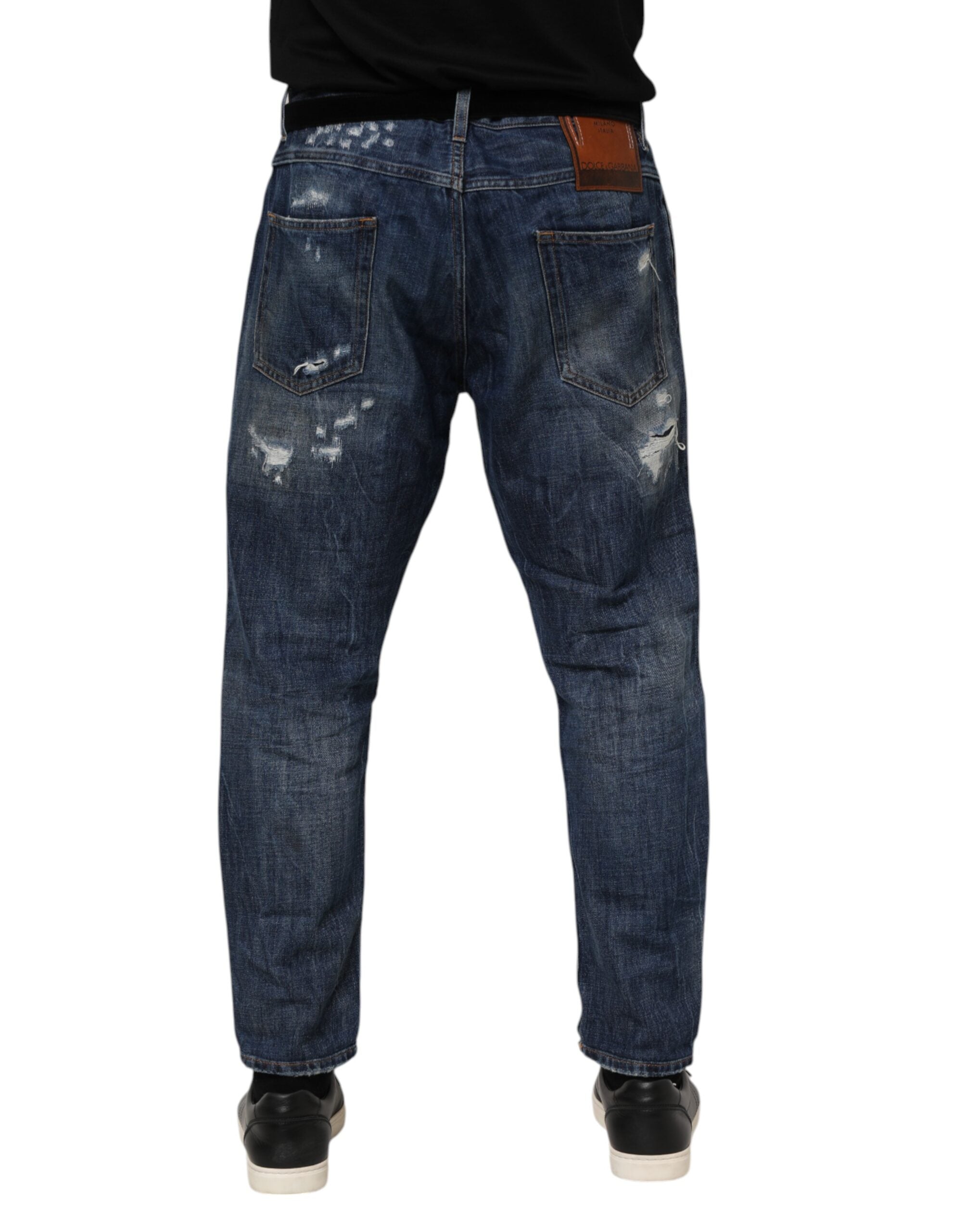 Dolce & Gabbana Blue Cotton Tattered Tapered Men Denim Jeans