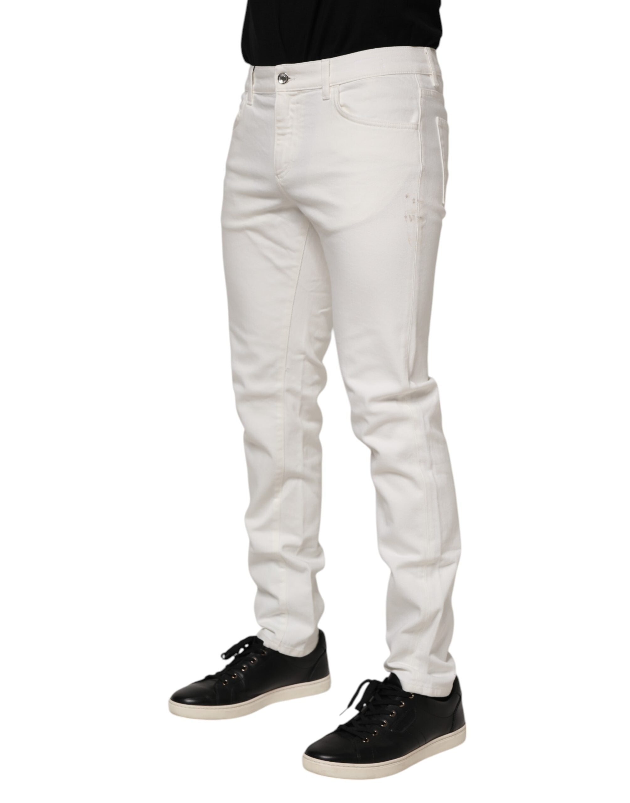 Dolce & Gabbana White Cotton Logo Plaque Slim Fit Denim Jeans