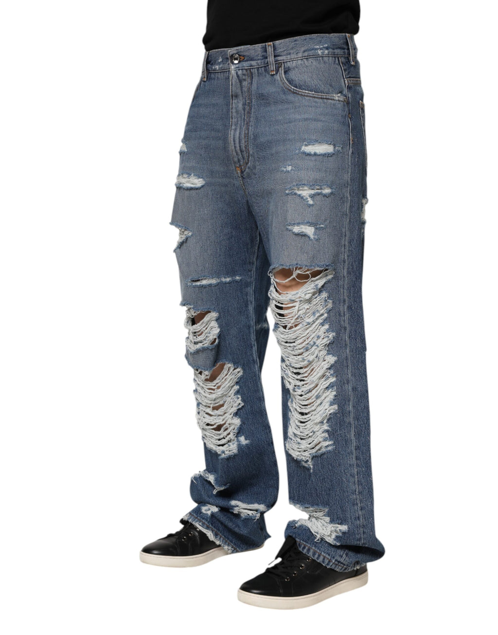 Dolce & Gabbana Blue Tattered Cotton Logo Plaque Denim Jeans