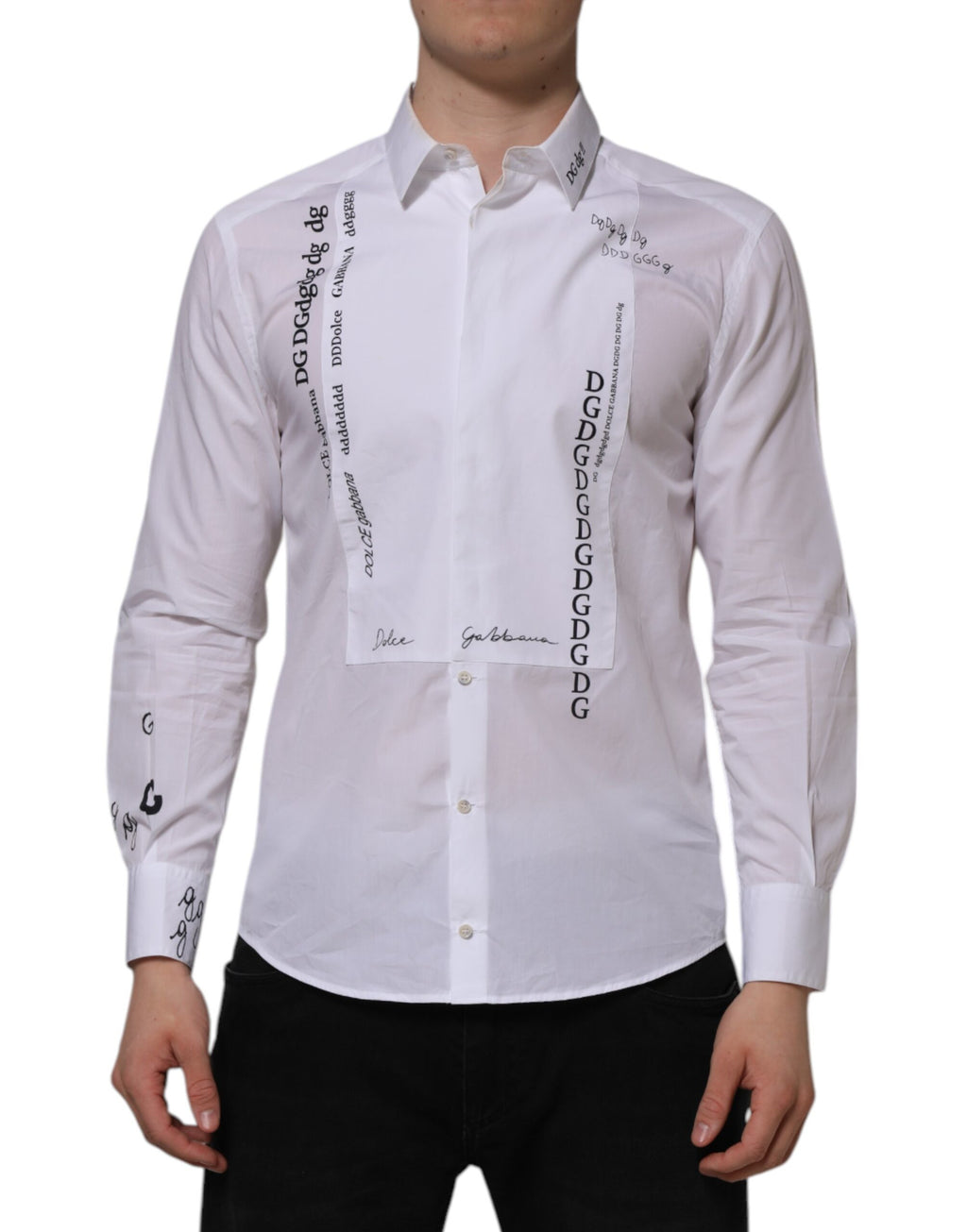 Dolce & Gabbana White Bib Poplin DG Print GOLD Formal Shirt