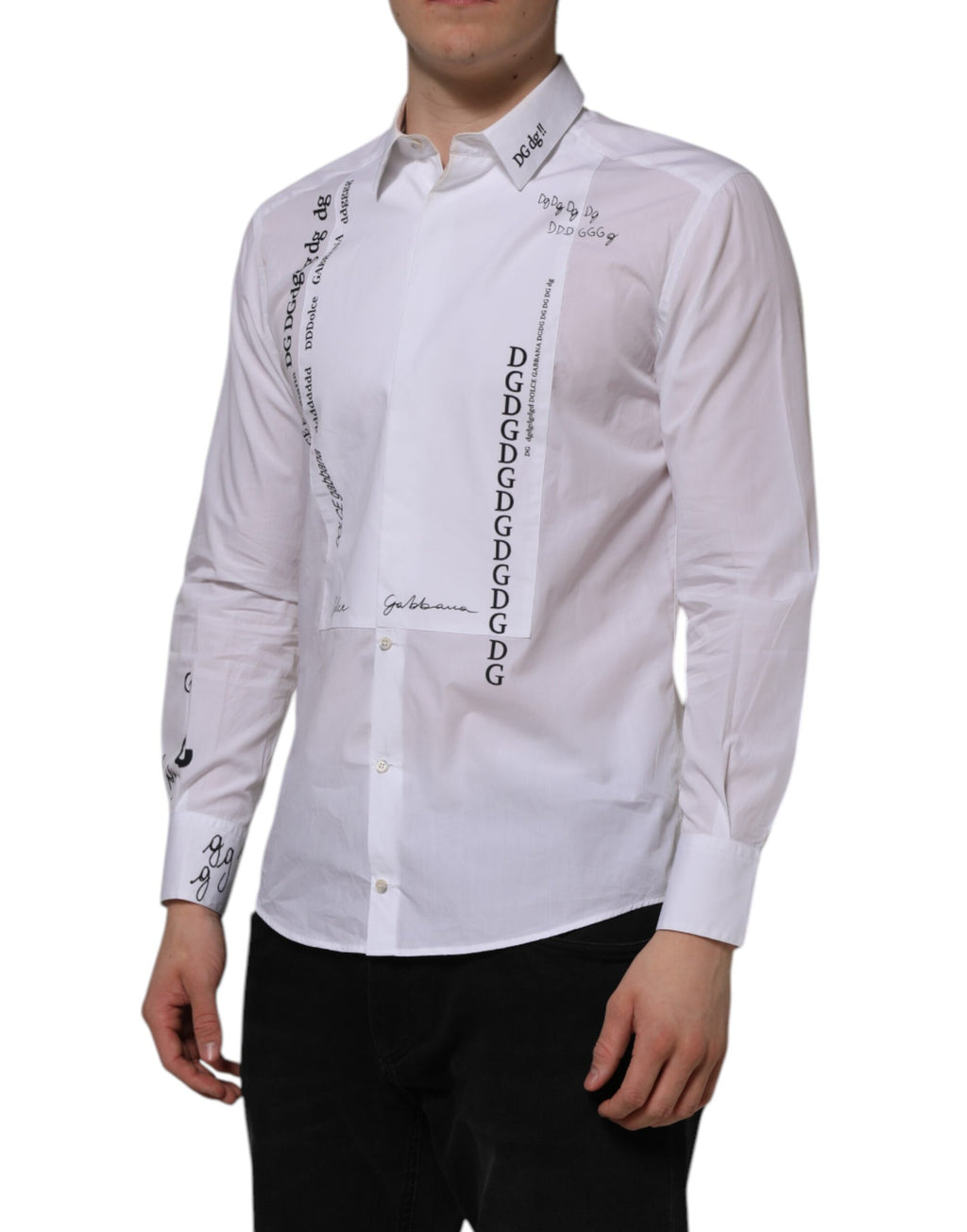 Dolce & Gabbana White Bib Poplin DG Print GOLD Formal Shirt