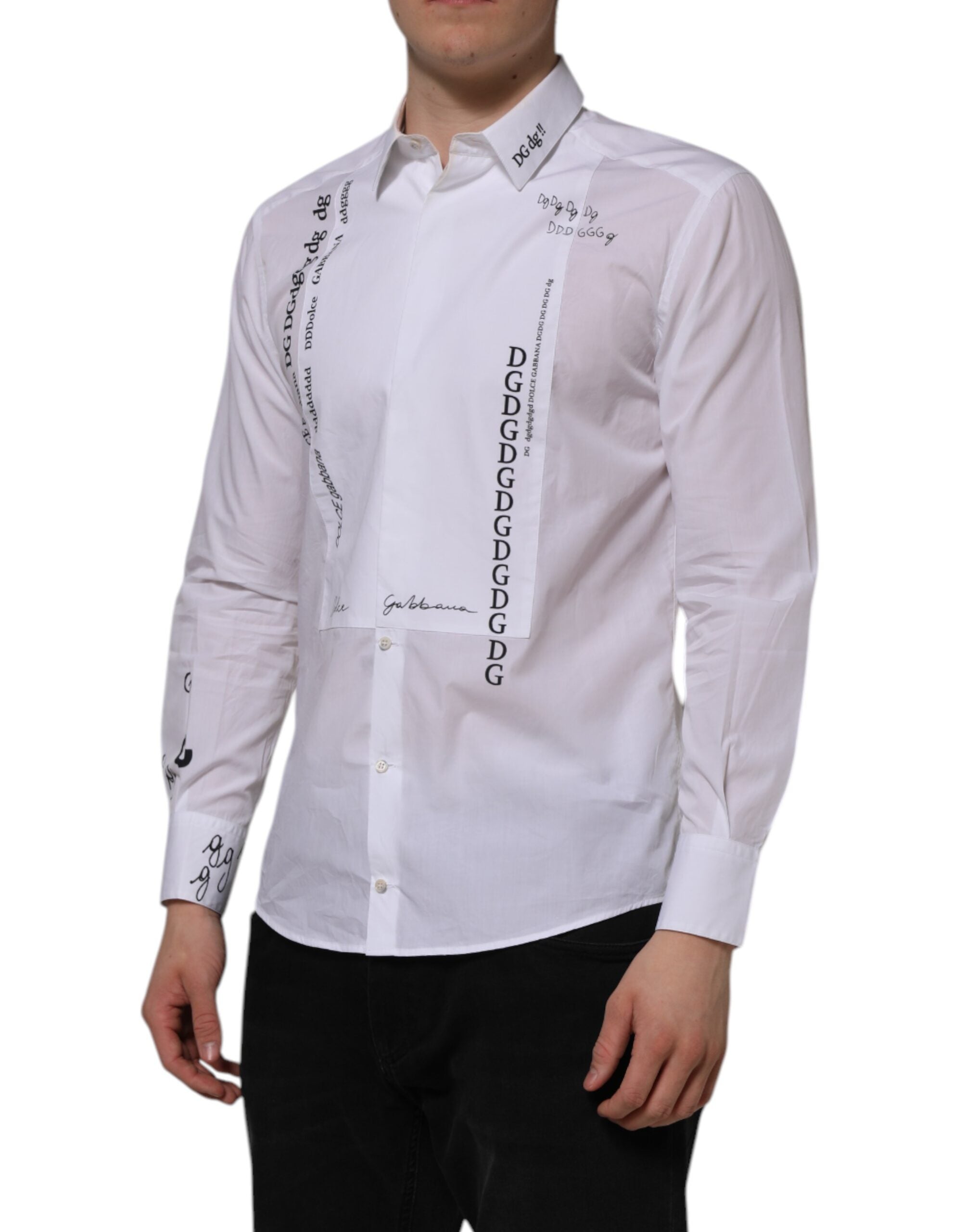 Dolce & Gabbana White Bib Poplin DG Print GOLD Formal Shirt