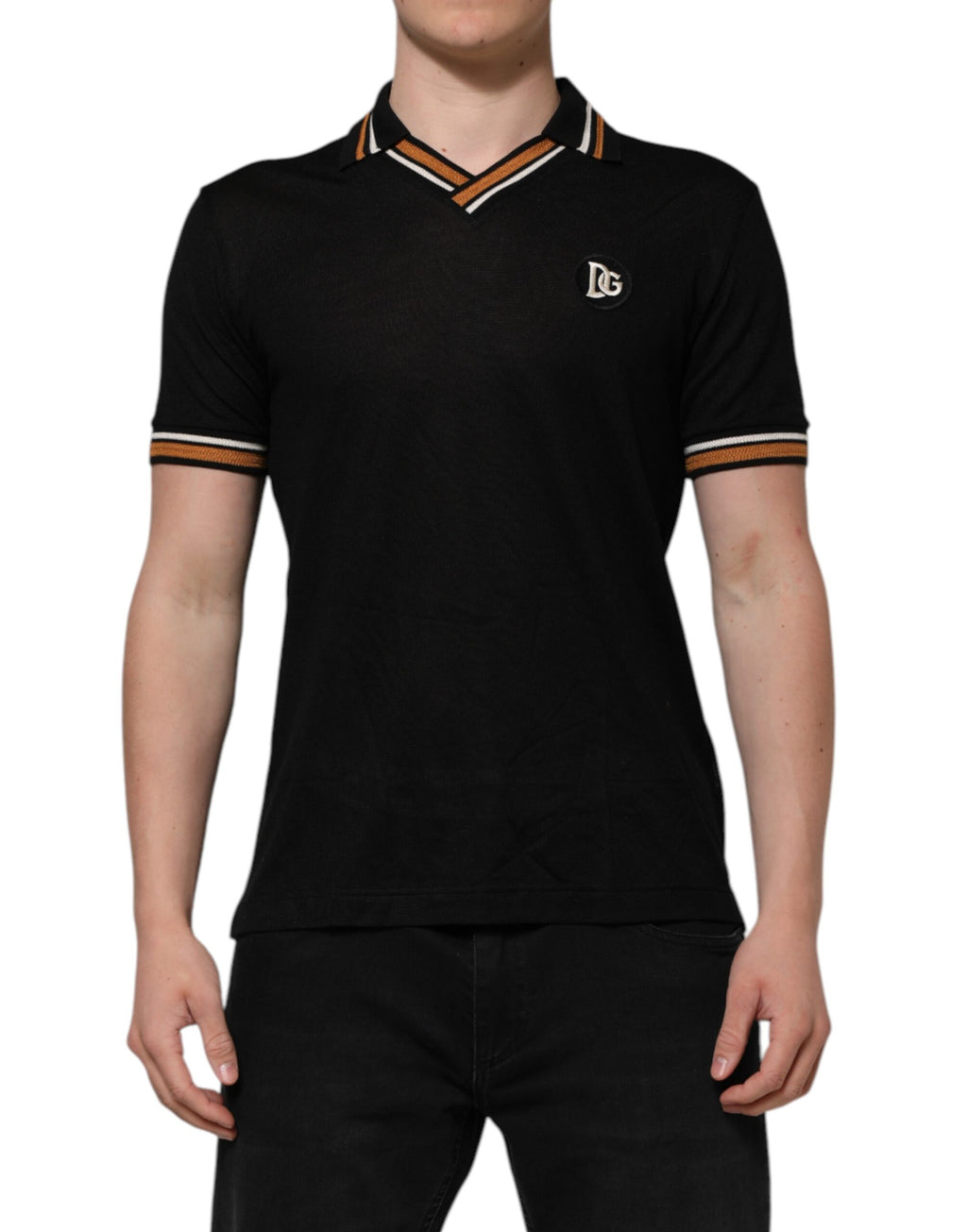 Dolce & Gabbana Black DG Silk V-neck Collared Men Polo T-shirt