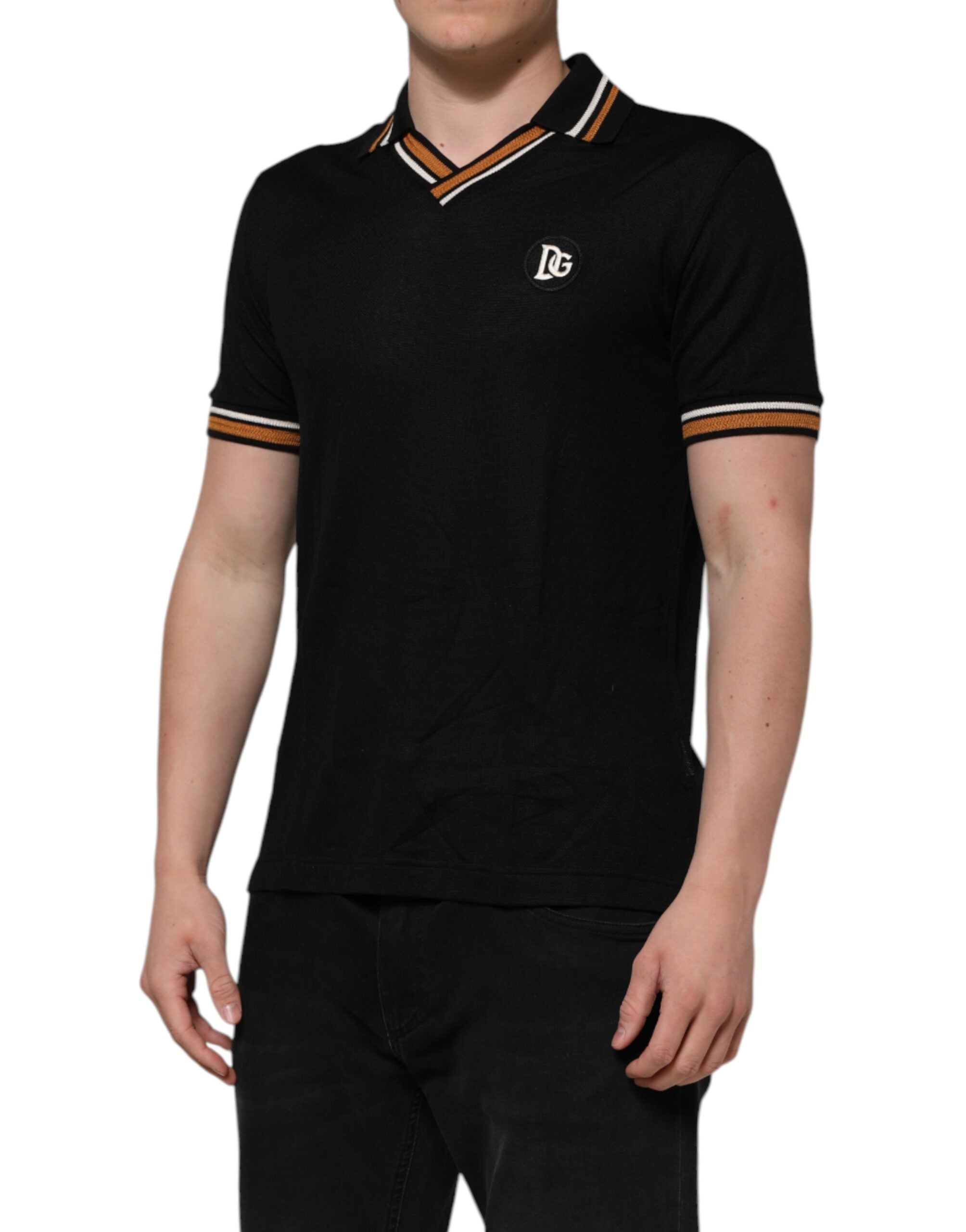 Dolce & Gabbana Black DG Silk V-neck Collared Men Polo T-shirt