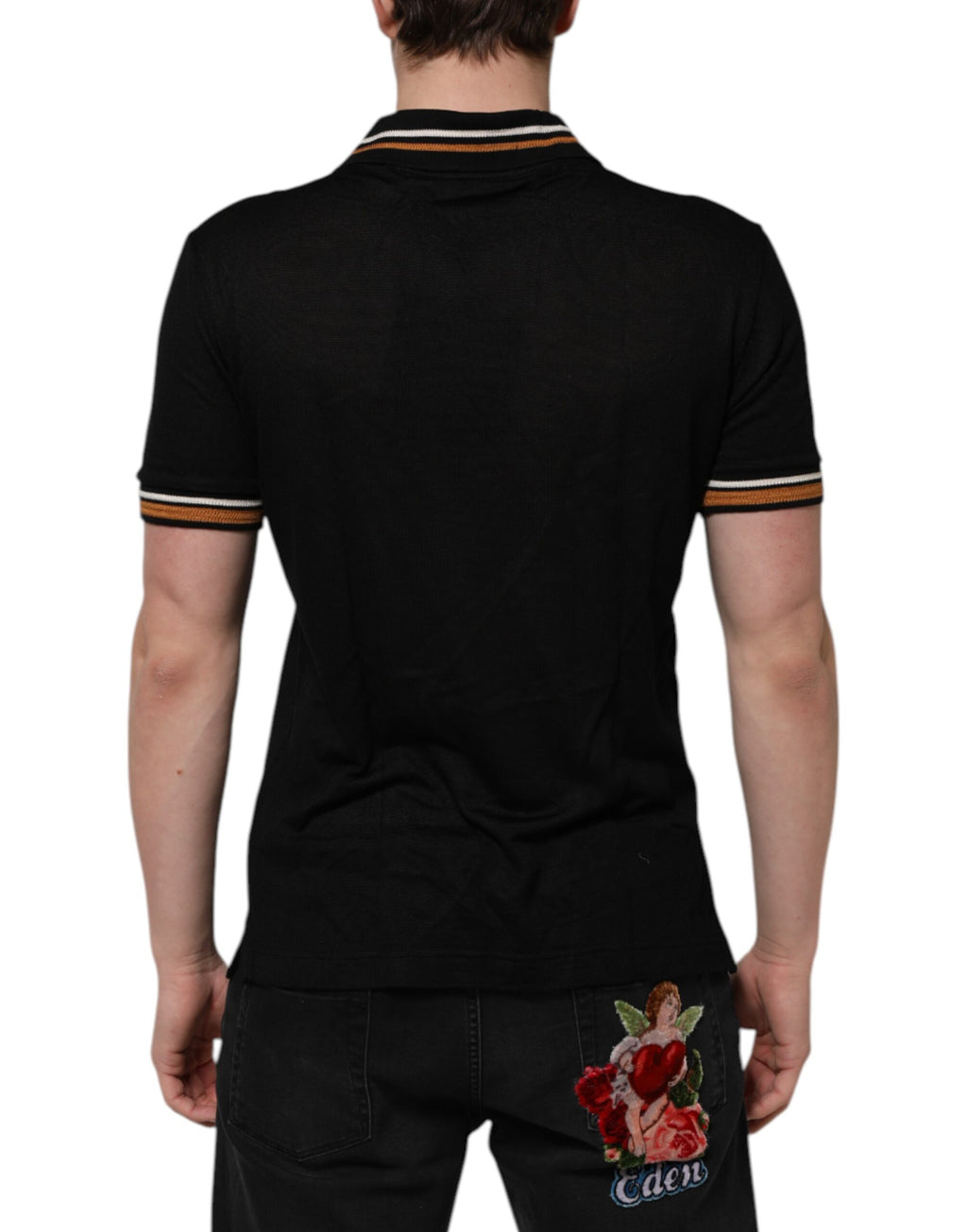 Dolce & Gabbana Black DG Silk V-neck Collared Men Polo T-shirt