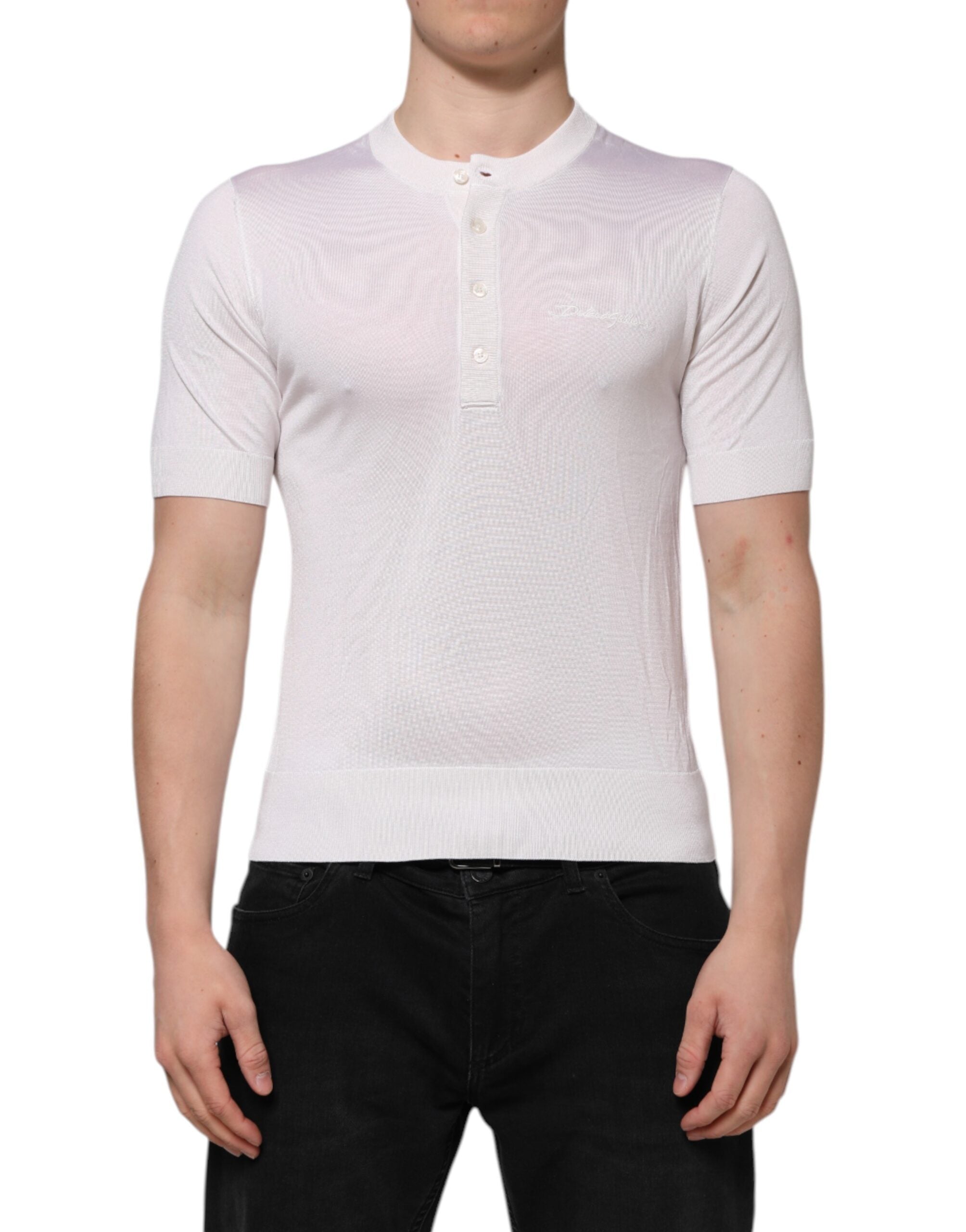 Dolce & Gabbana White Silk Short Sleeves Men Henley T-shirt