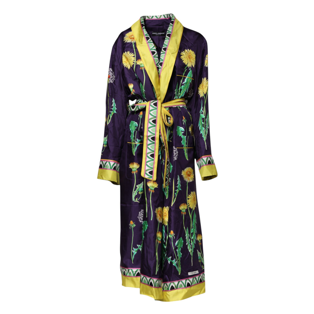 Dolce & Gabbana Blue Floral Print Silk Long Sleeves Wrap Robe