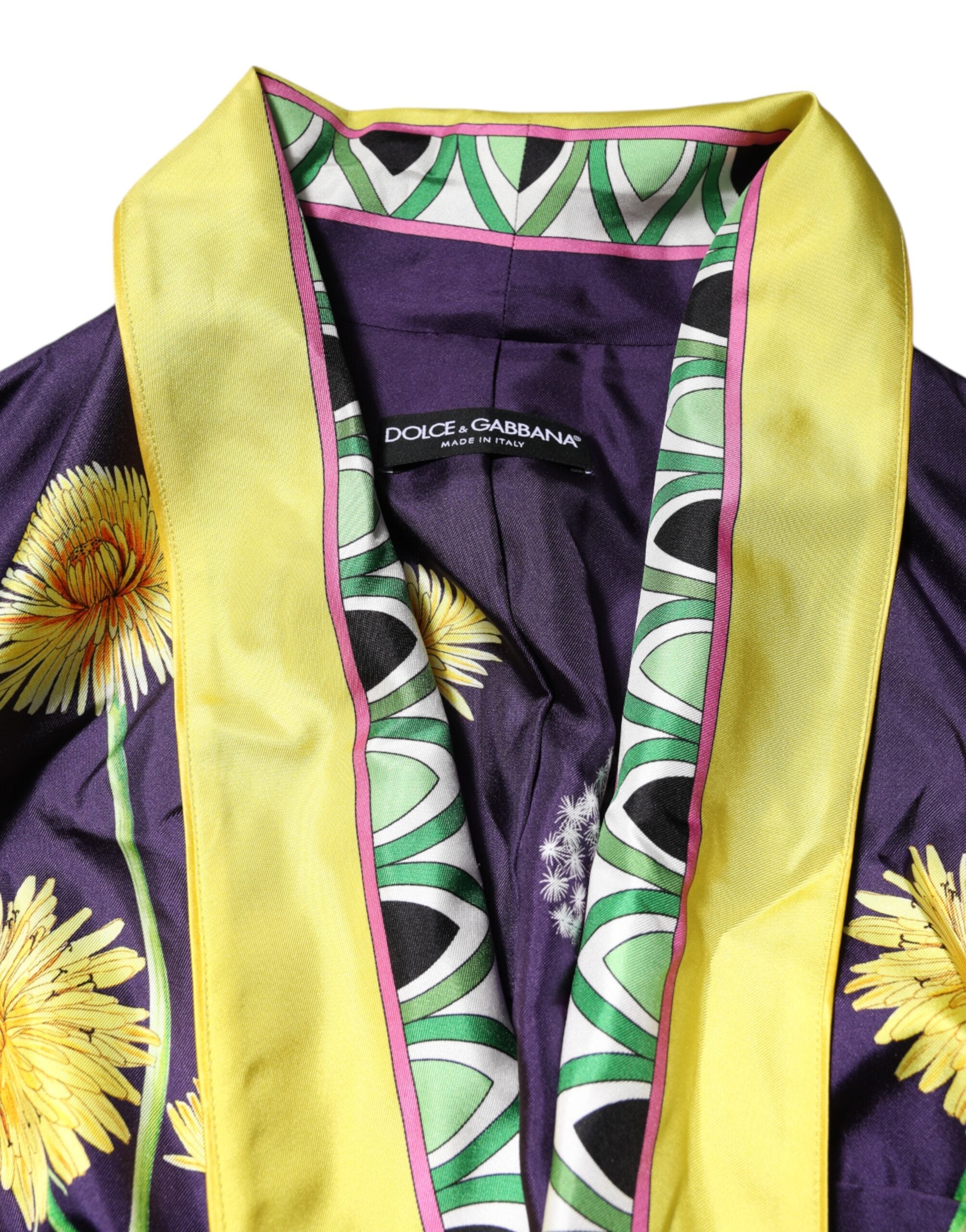 Dolce & Gabbana Blue Floral Print Silk Long Sleeves Wrap Robe