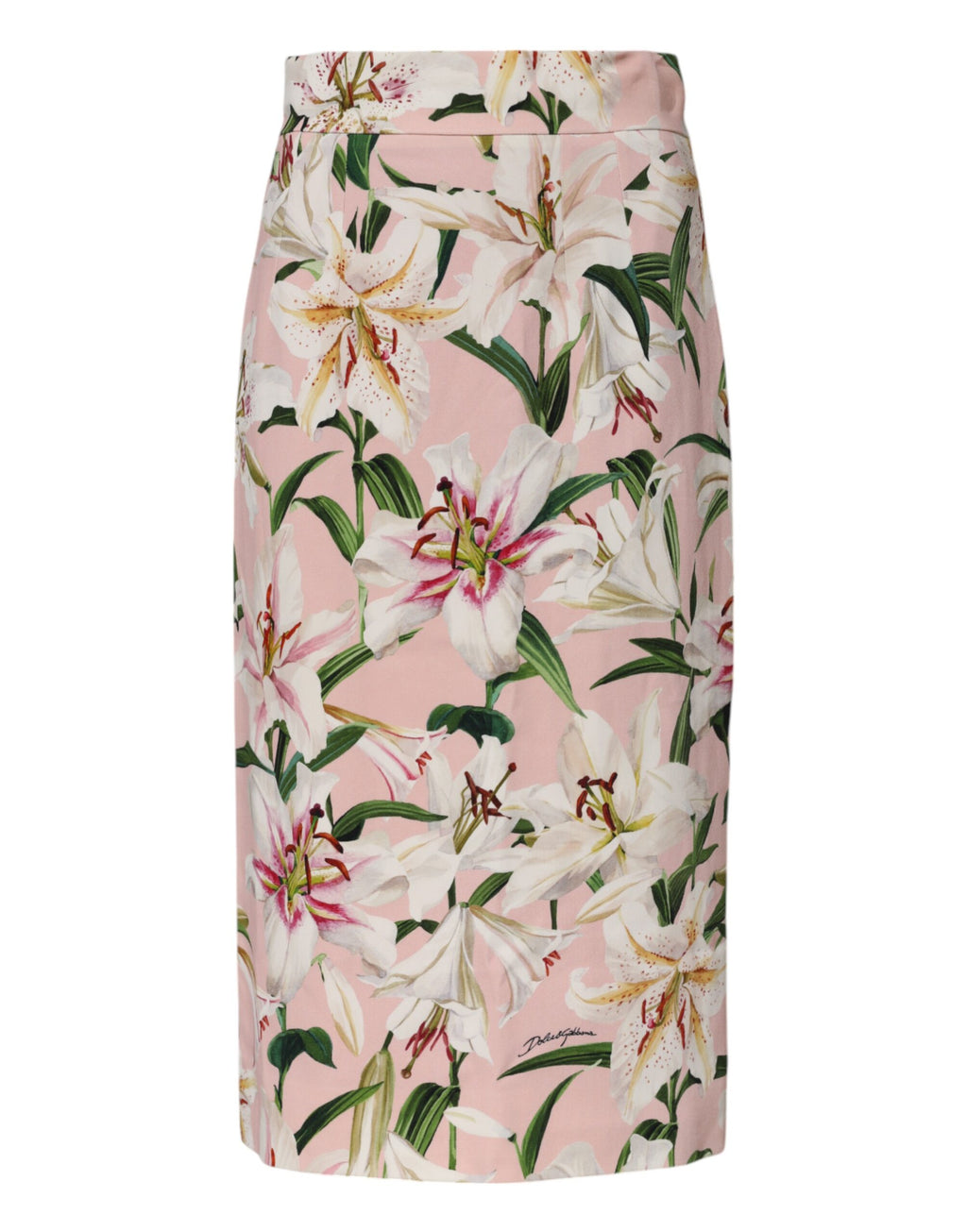 Dolce & Gabbana Pink Lily Print Viscose Pencil Cut Midi Skirt