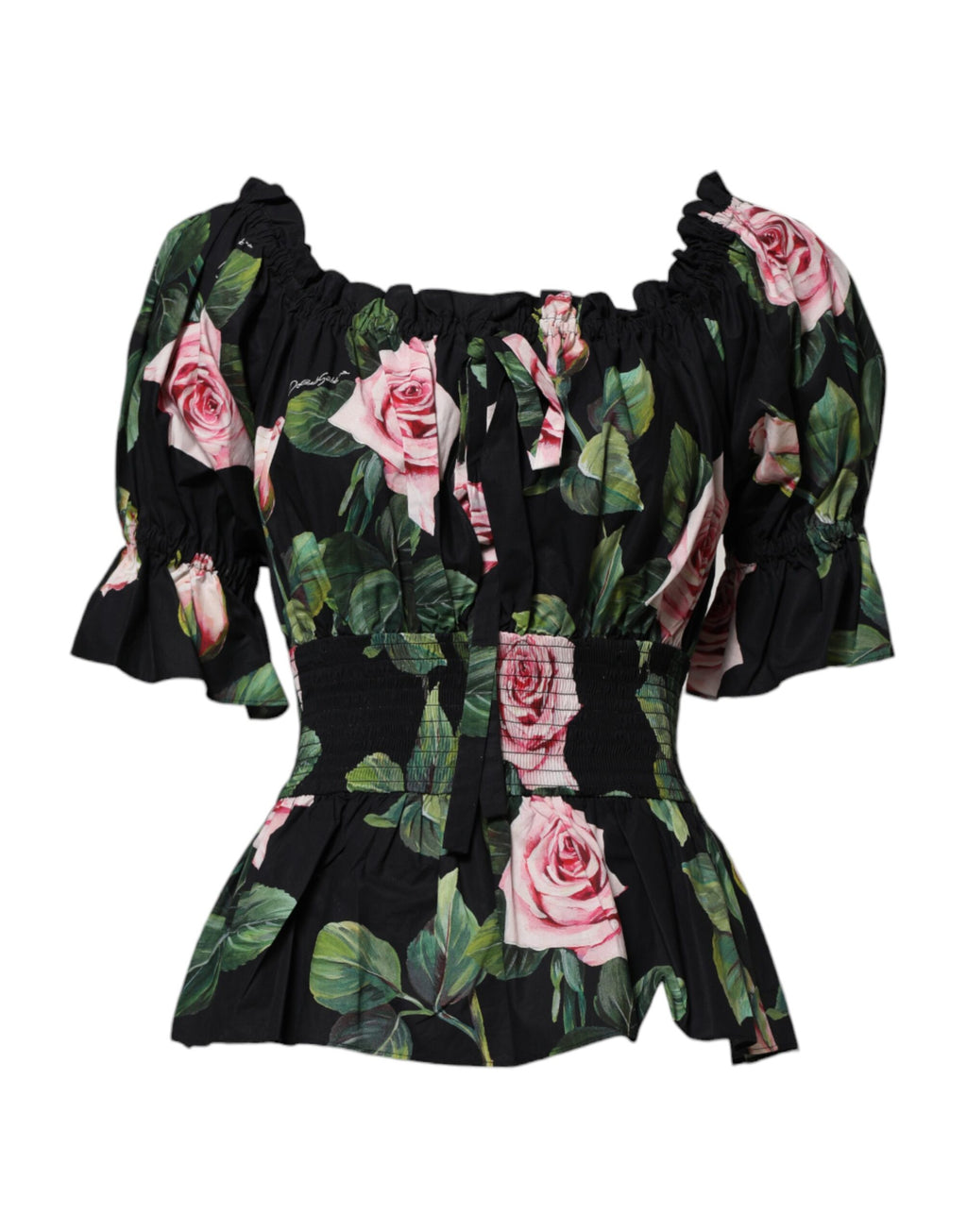 Dolce & Gabbana Black Floral Print Cotton Ruffled Blouse Top