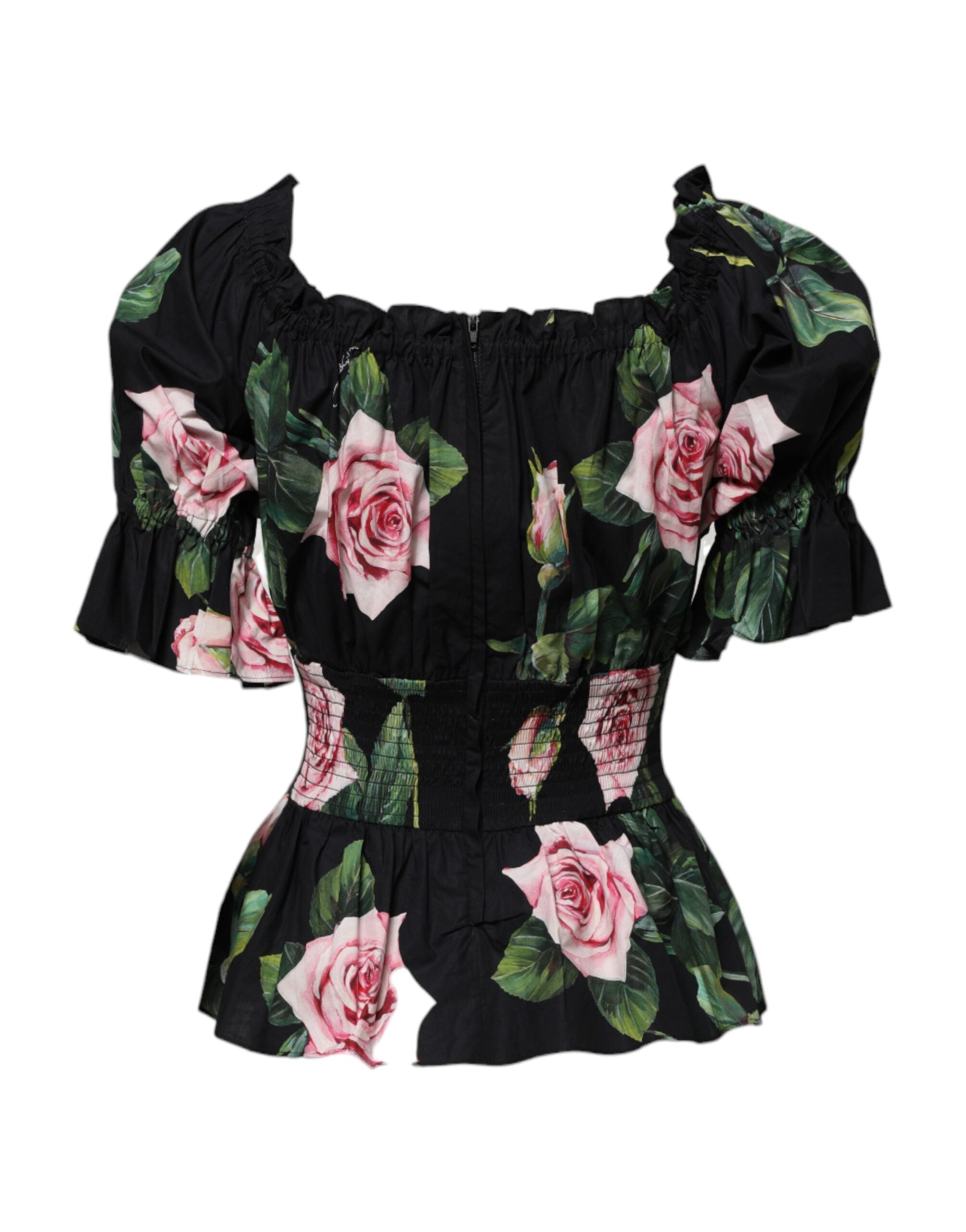 Dolce & Gabbana Black Floral Print Cotton Ruffled Blouse Top