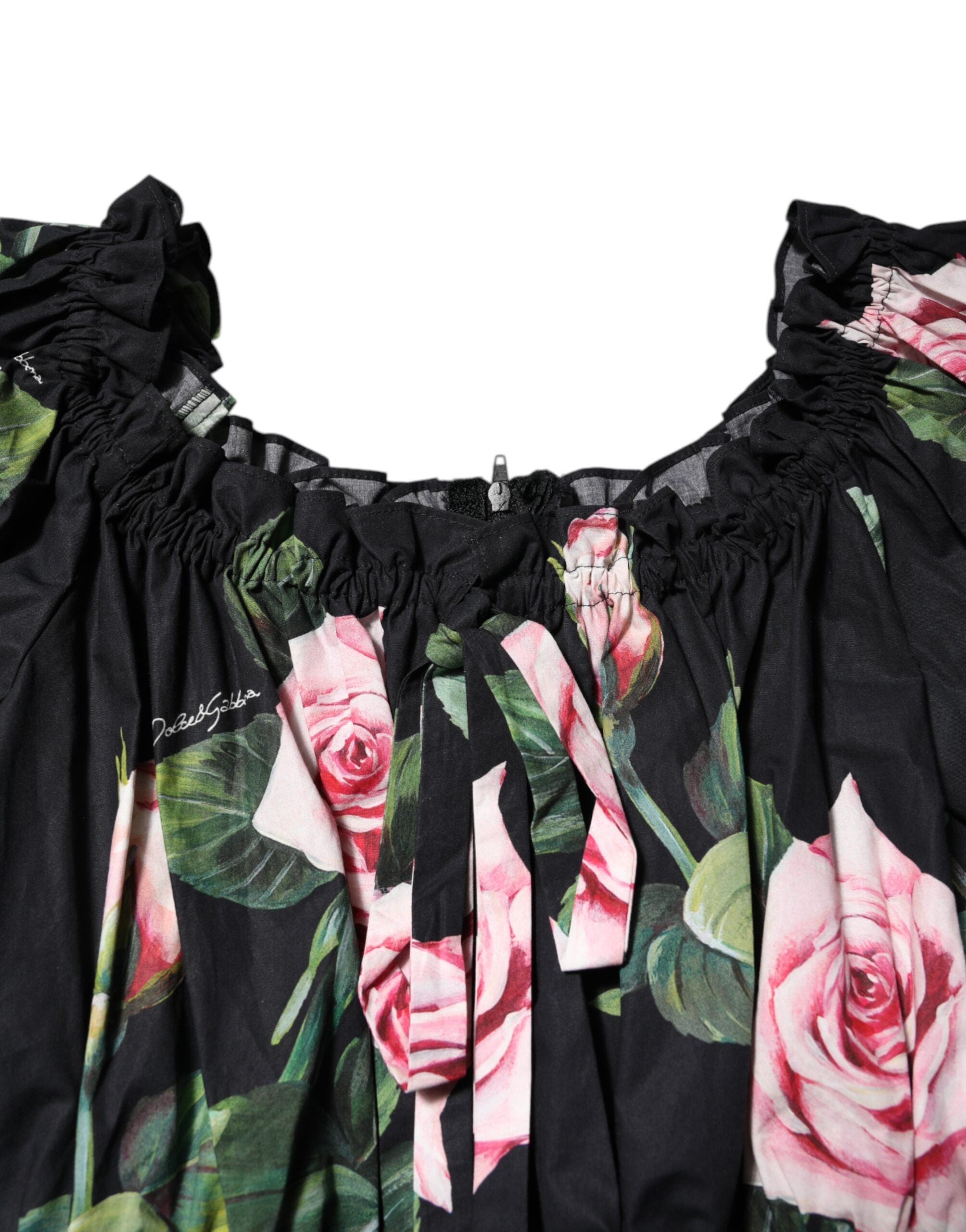 Dolce & Gabbana Black Floral Print Cotton Ruffled Blouse Top