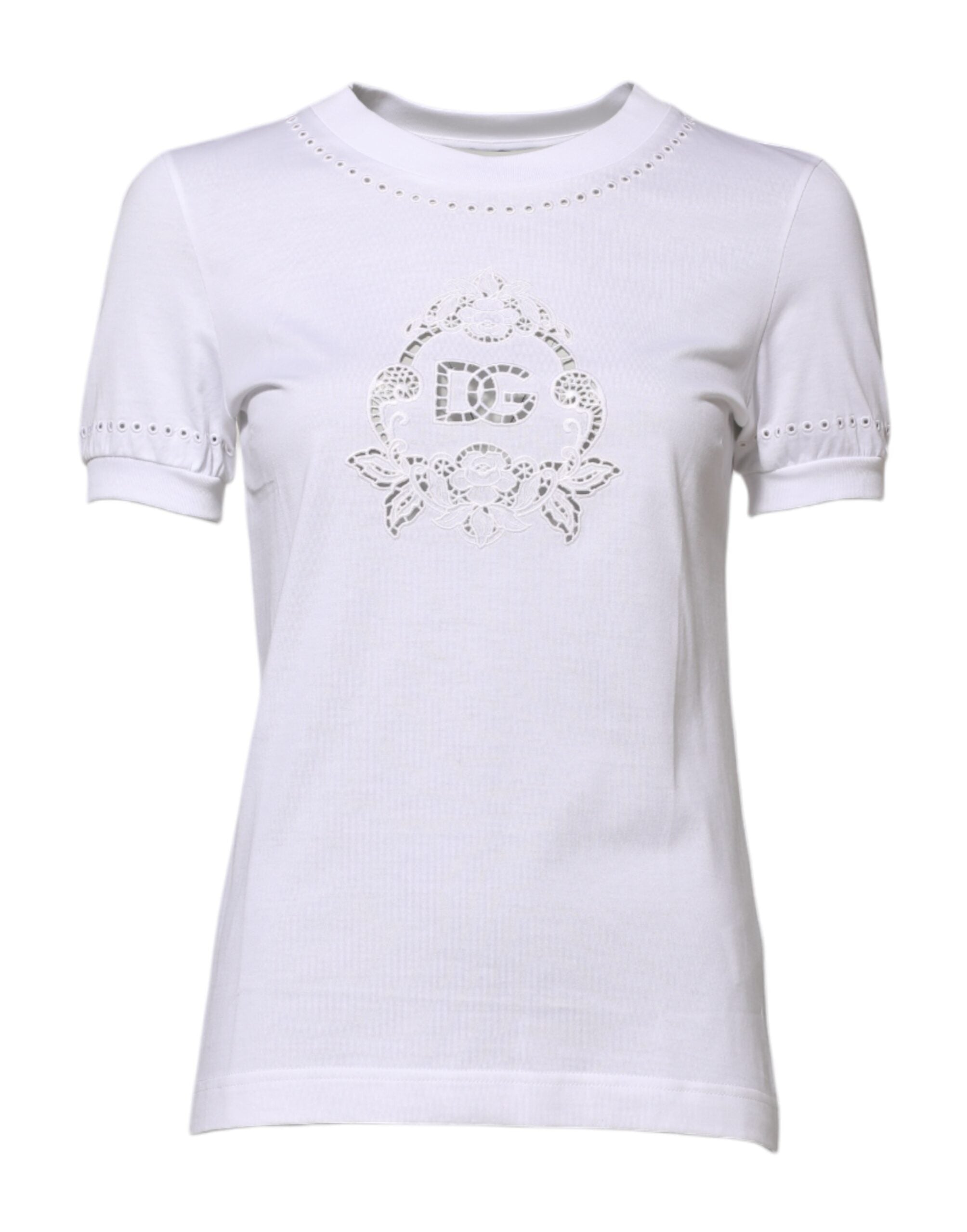 Dolce & Gabbana White Cotton Logo Embroidery Round Neck Top