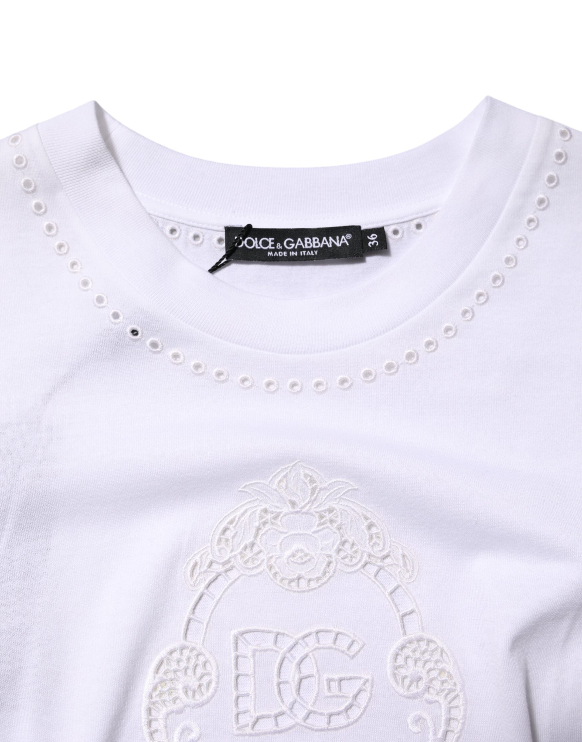 Dolce & Gabbana White Cotton Logo Embroidery Round Neck Top