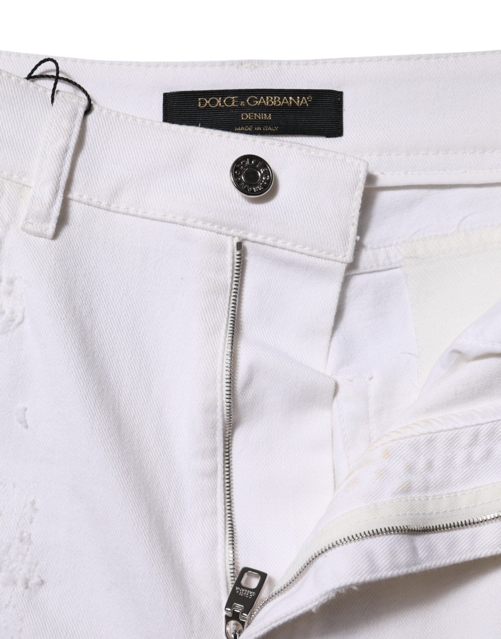 Dolce & Gabbana White Tattered Cotton High Waist Denim Jeans