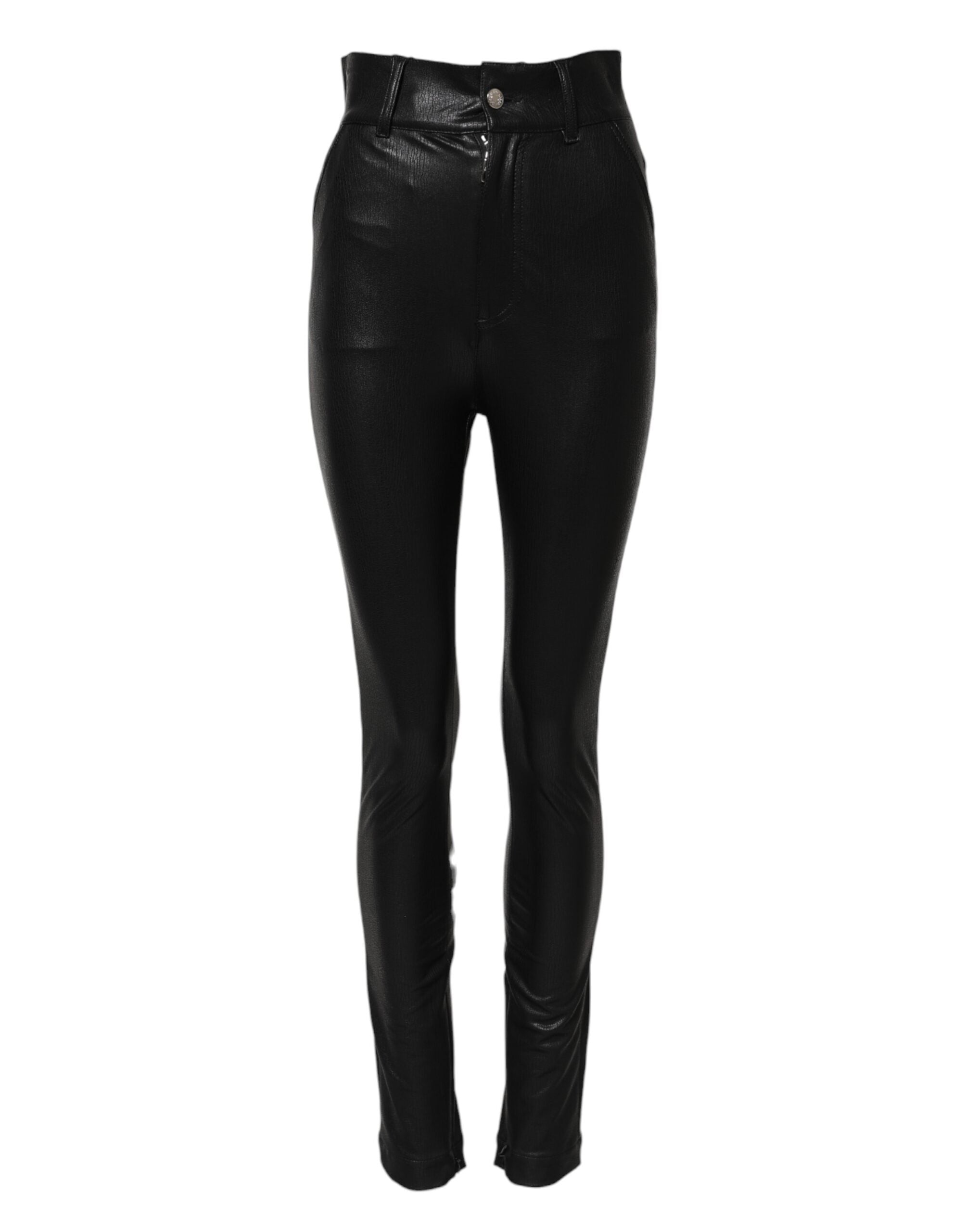 Dolce & Gabbana Black Leather High Waist Slim Fit Pants