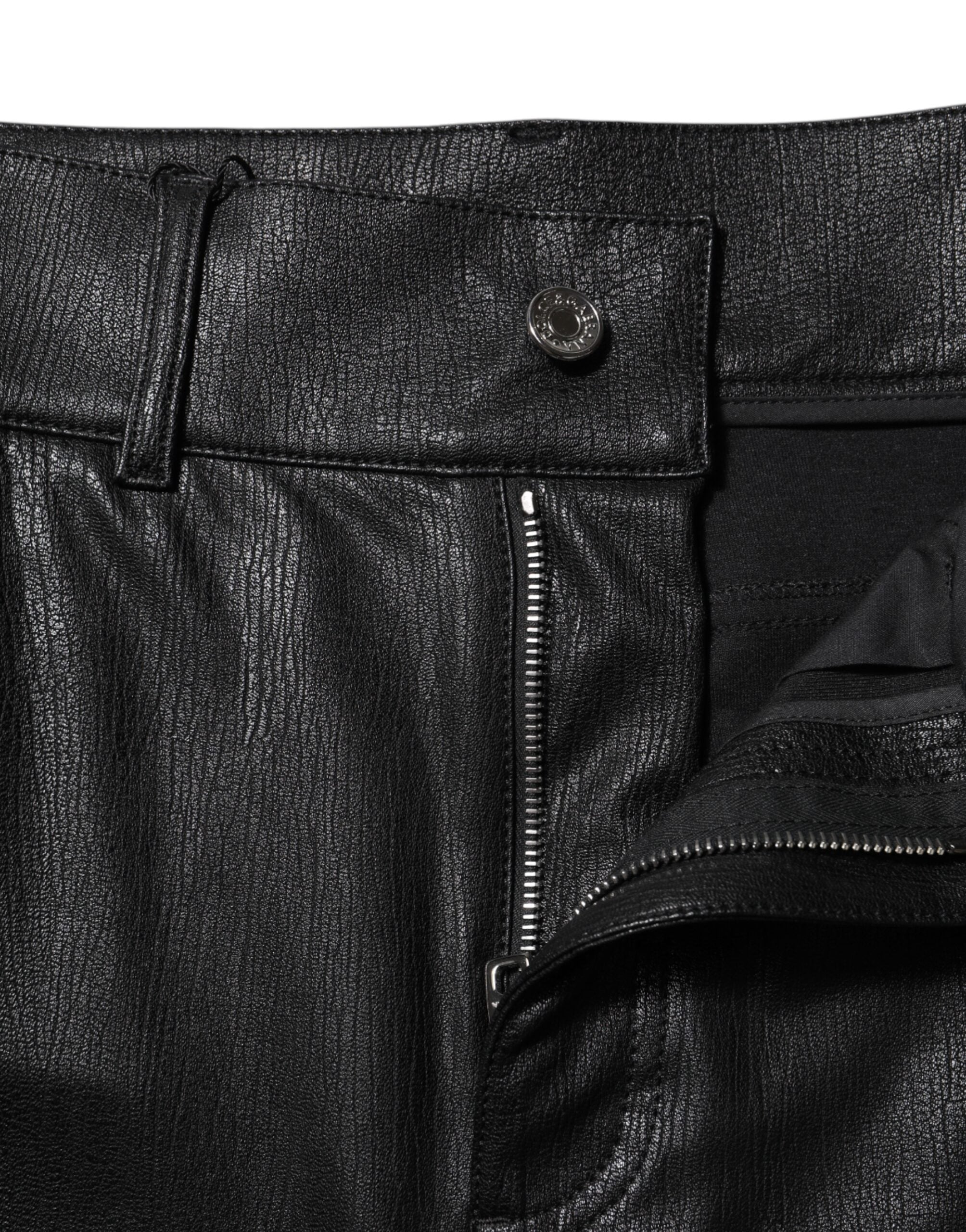 Dolce & Gabbana Black Leather High Waist Slim Fit Pants