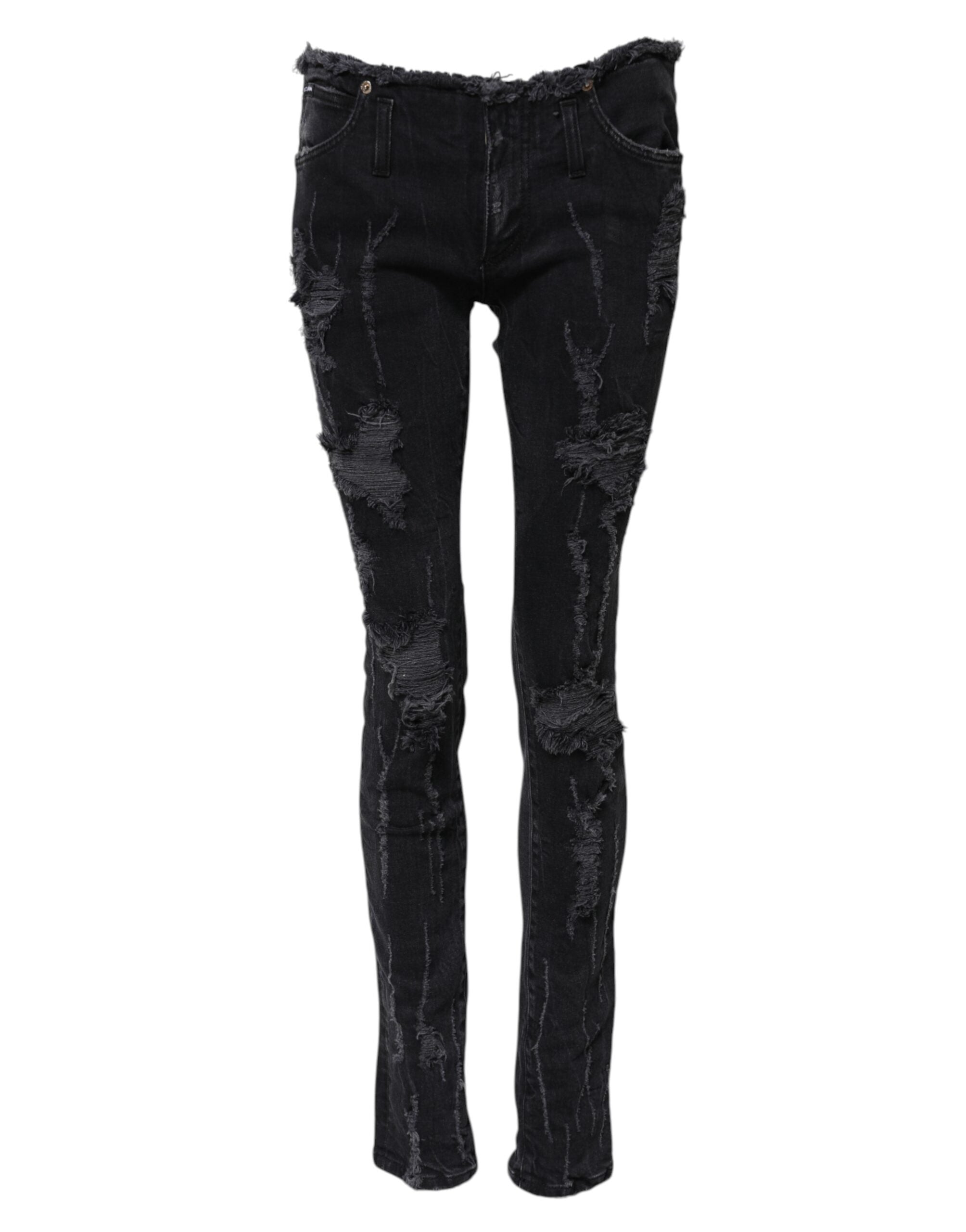 Dolce & Gabbana Black Cotton Tattered Skinny Denim Jeans