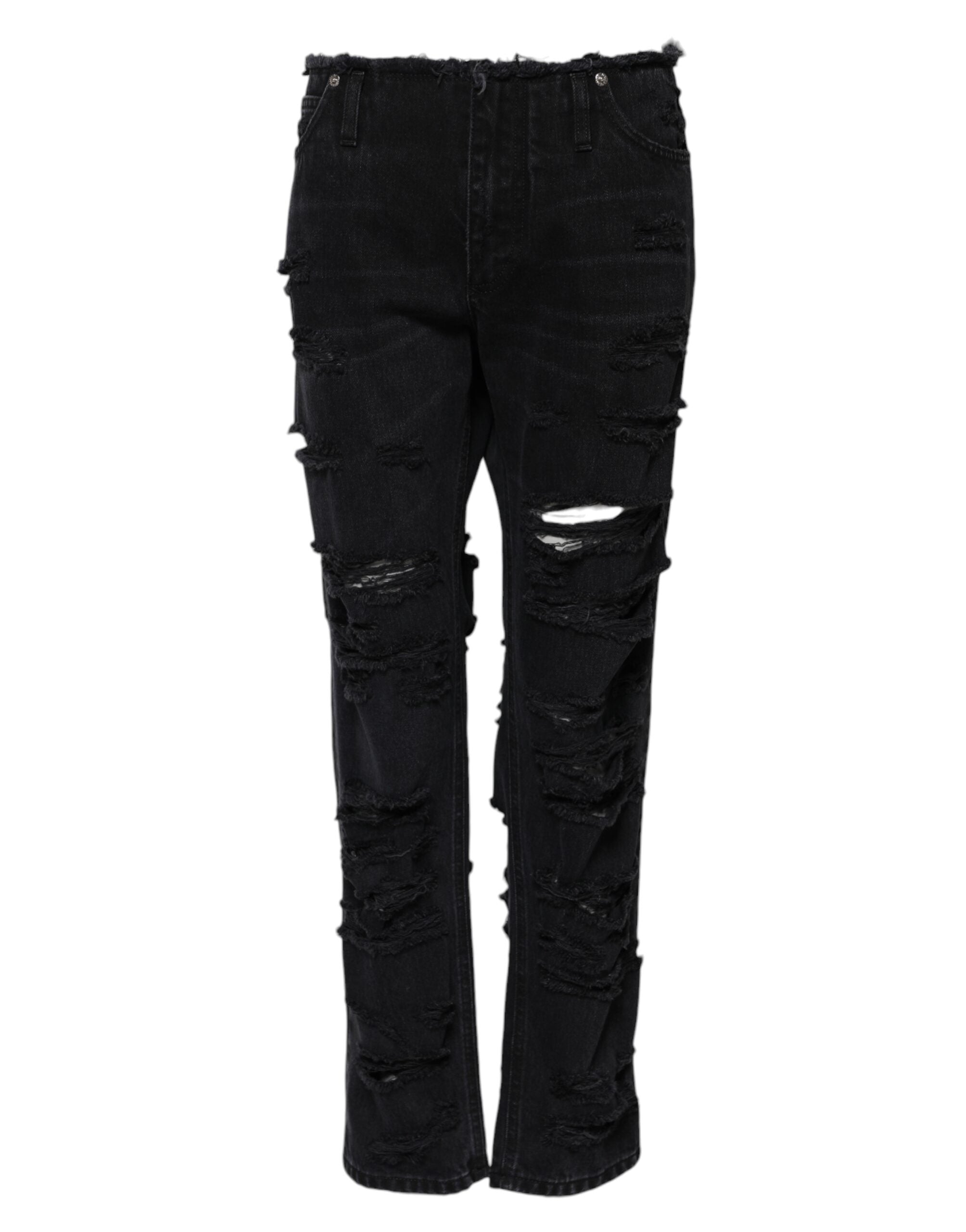 Dolce & Gabbana Black Cotton Tattered Mid Waist Denim Jeans