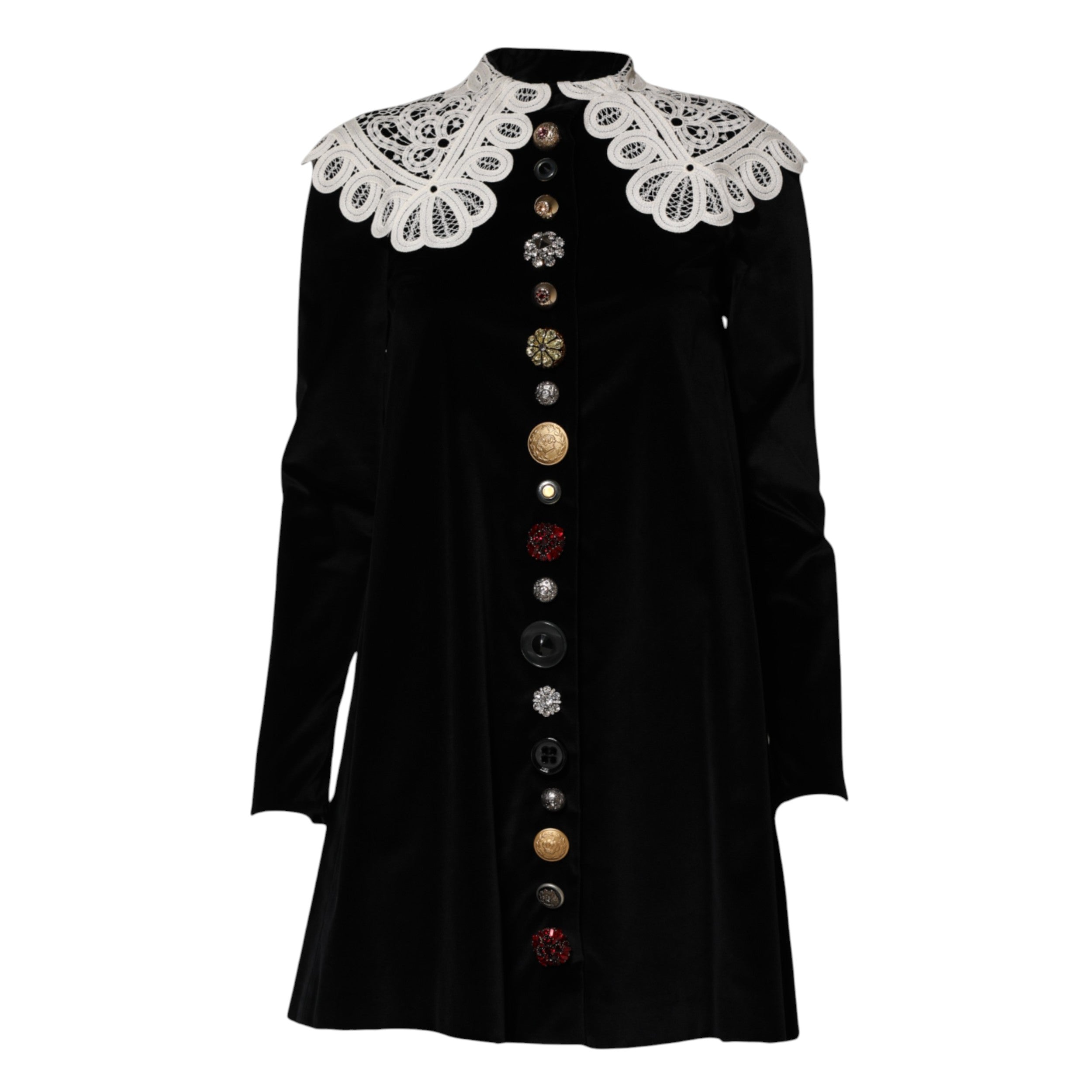 Dolce & Gabbana Black Velvet Lace Collared Embellished Dress