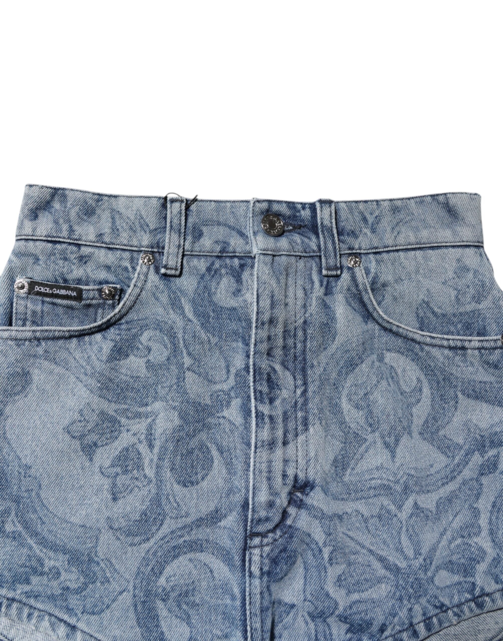 Dolce & Gabbana Blue Floral Print Denim Cotton Hot Pants Shorts