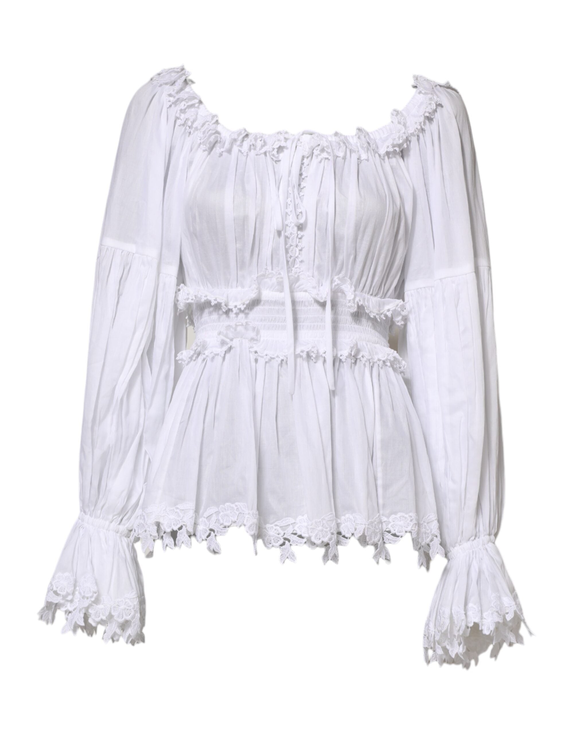 Dolce & Gabbana White Ruffled Lace Embellished Blouse Top
