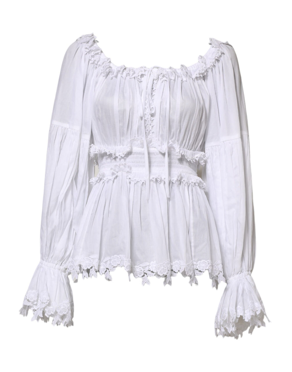 Dolce & Gabbana White Ruffled Lace Embellished Blouse Top