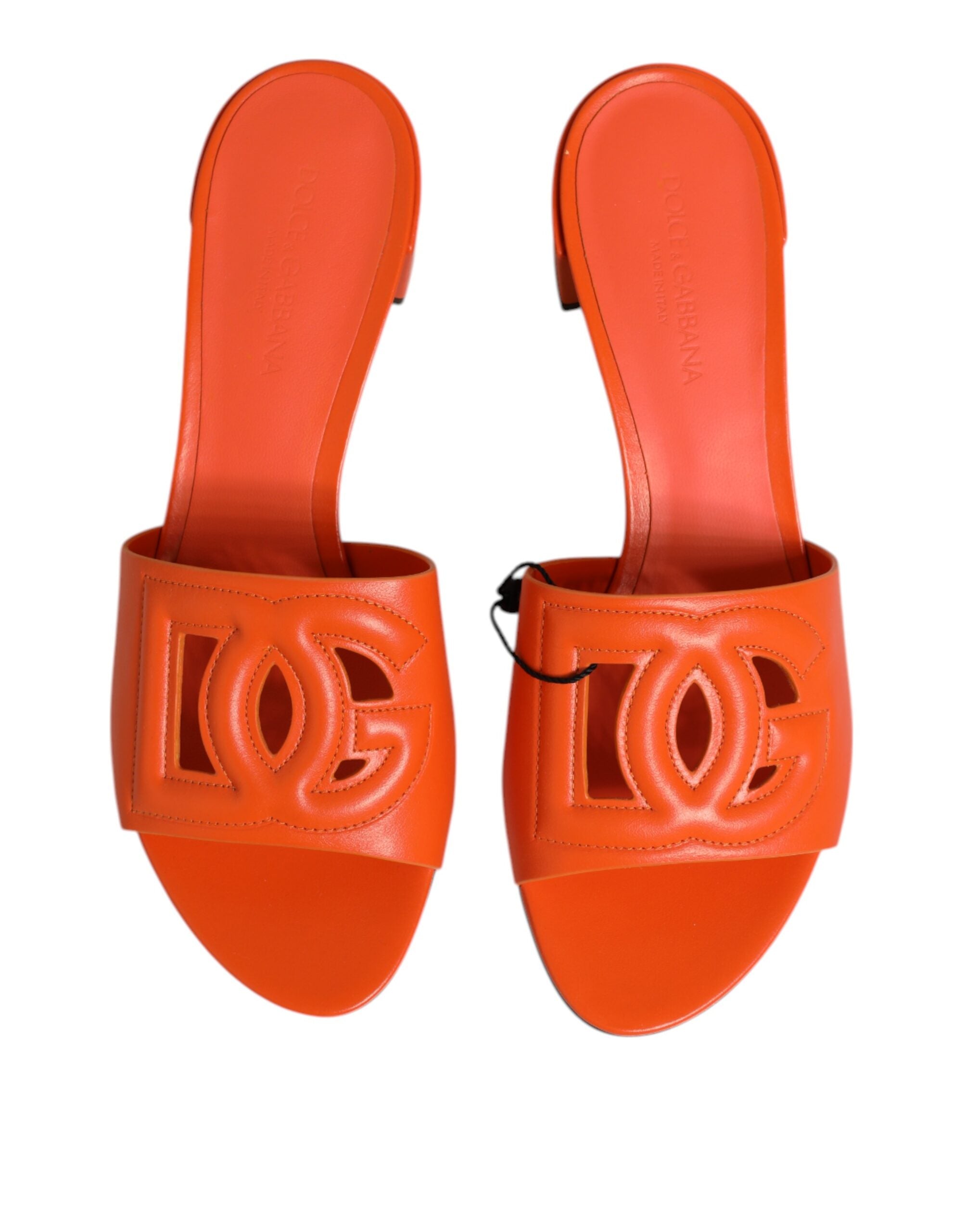 Dolce & Gabbana Orange Leather Logo Heel Sandals Shoes