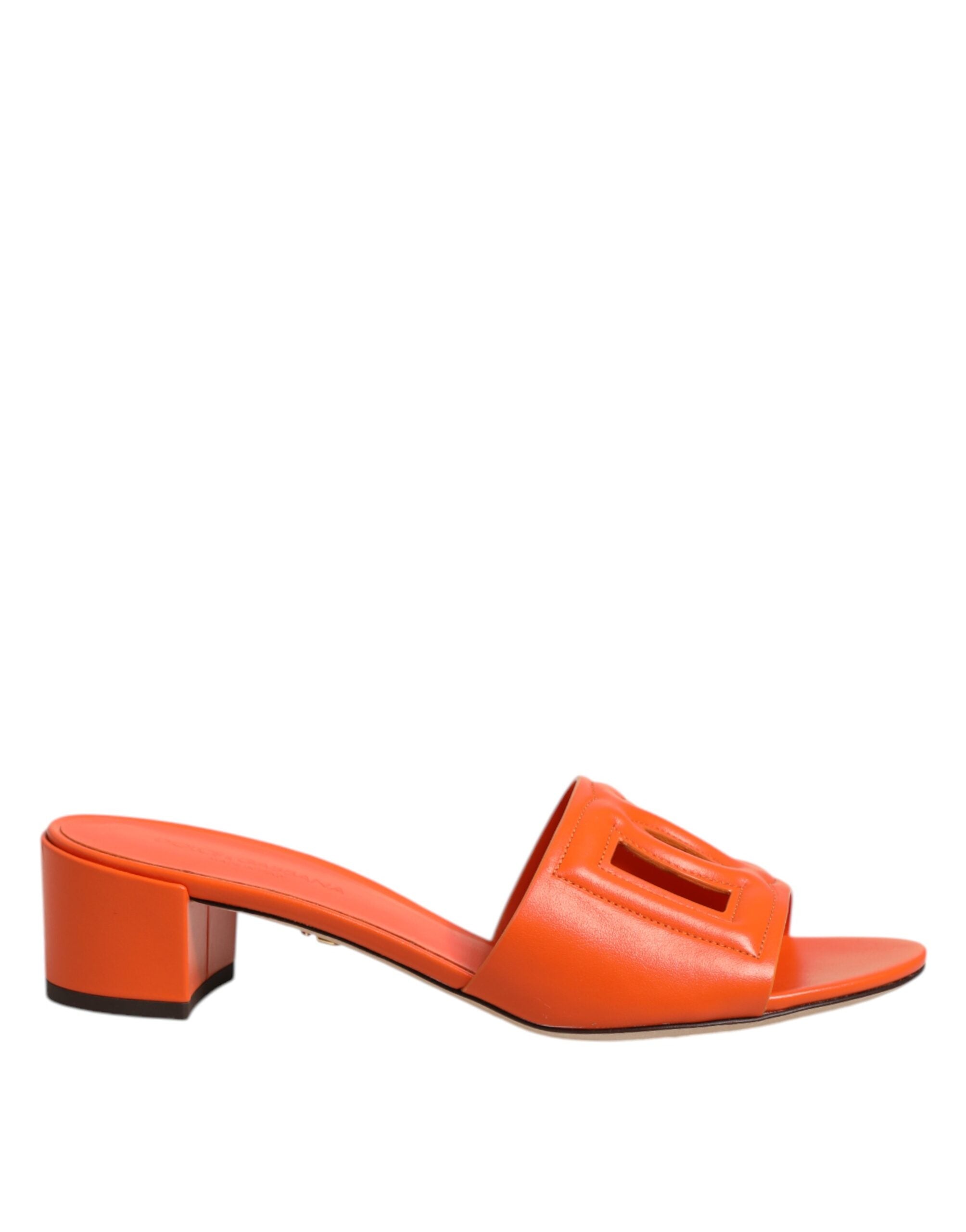 Dolce & Gabbana Orange Leather Logo Heel Sandals Shoes