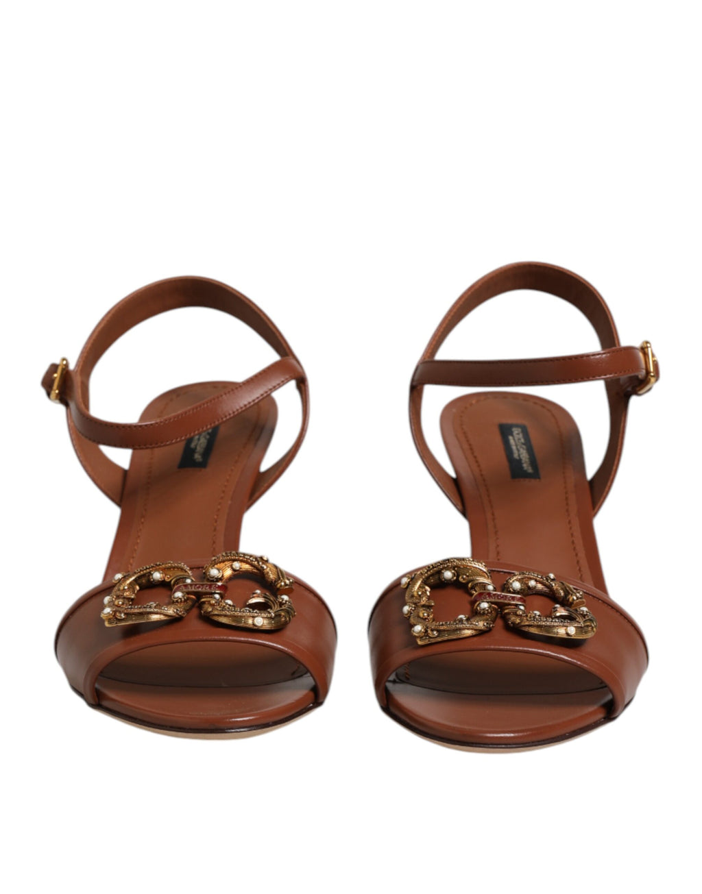 Dolce & Gabbana Brown Leather Logo Heel Sandals Shoes