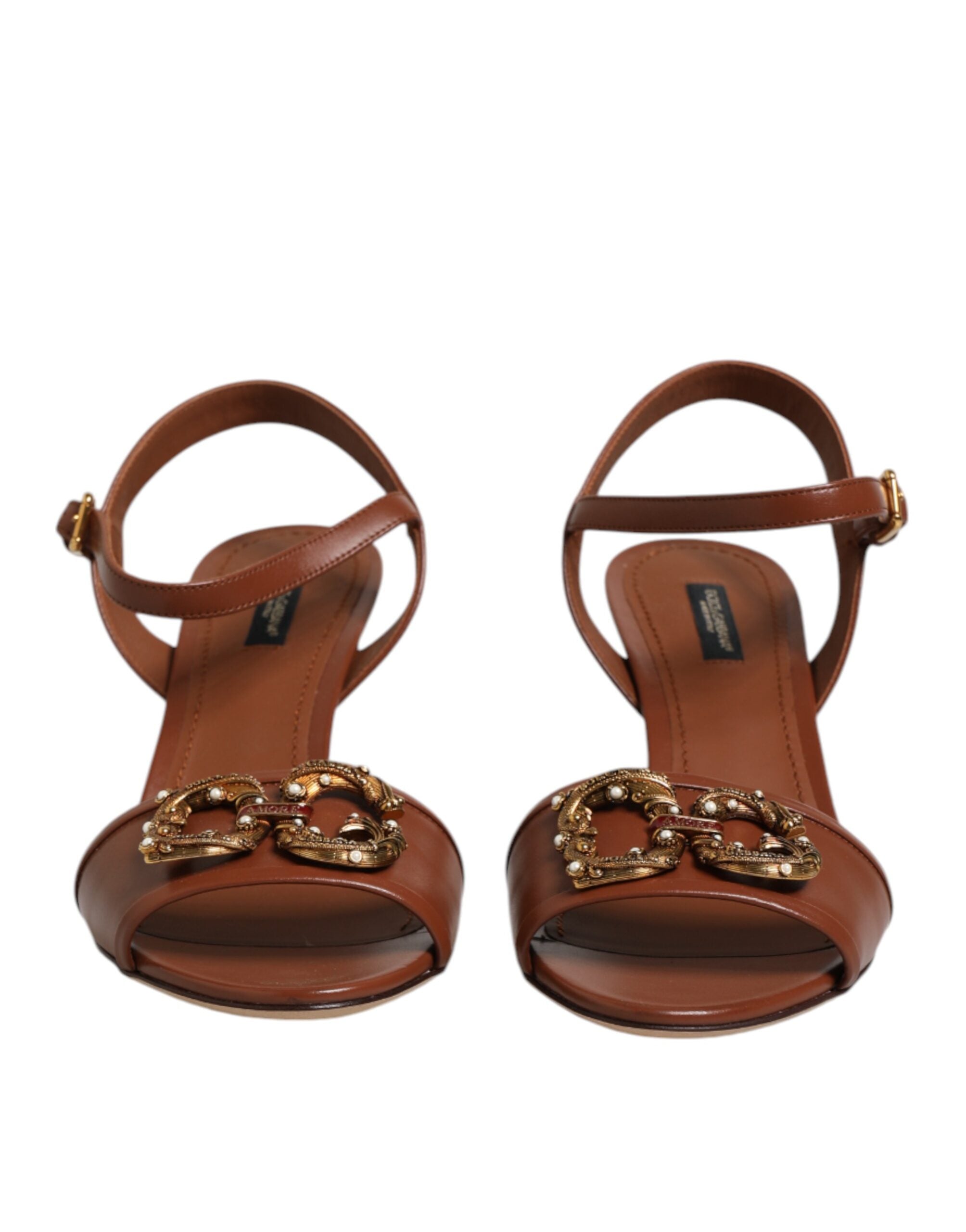 Dolce & Gabbana Brown Leather Logo Heel Sandals Shoes