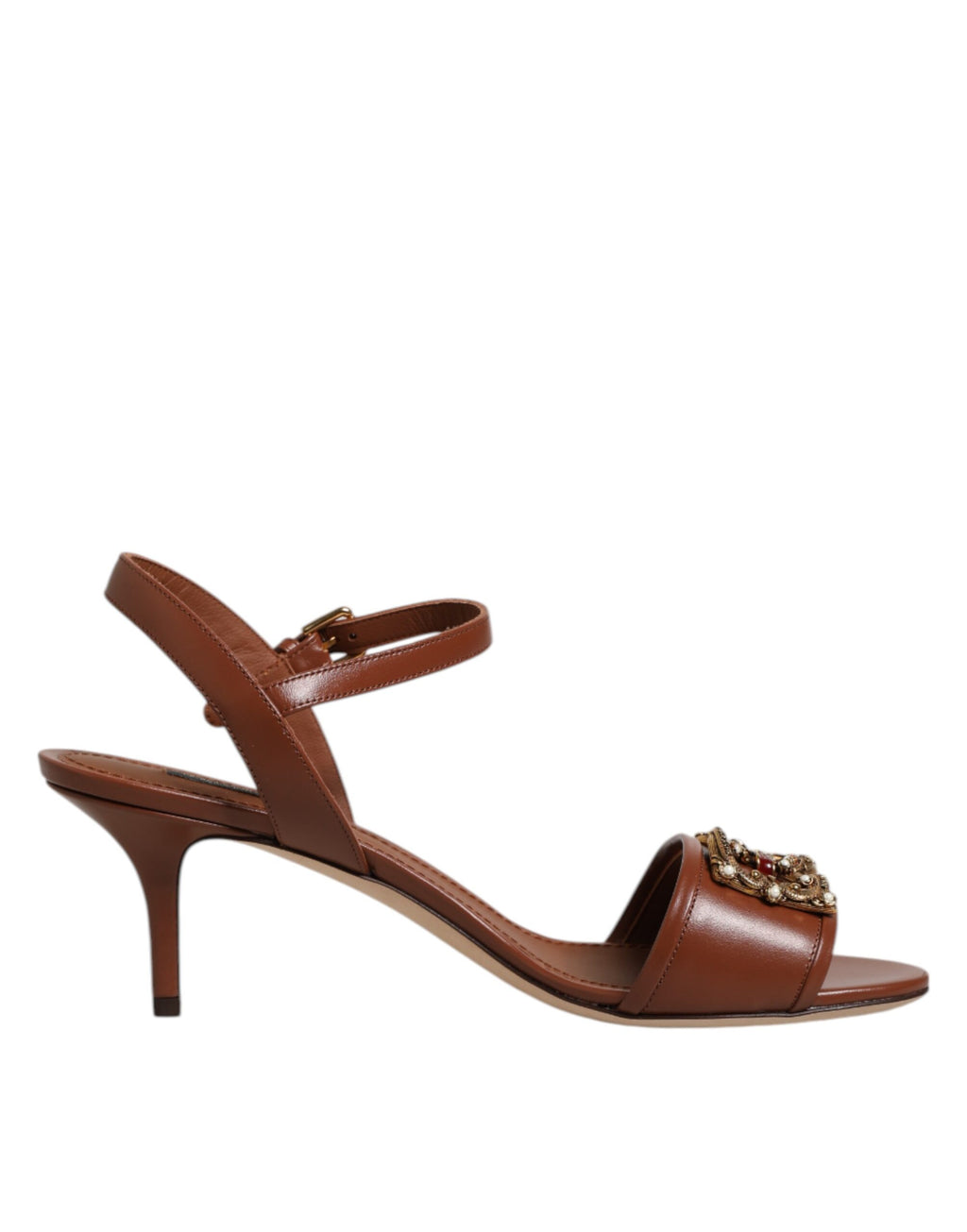 Dolce & Gabbana Brown Leather Logo Heel Sandals Shoes